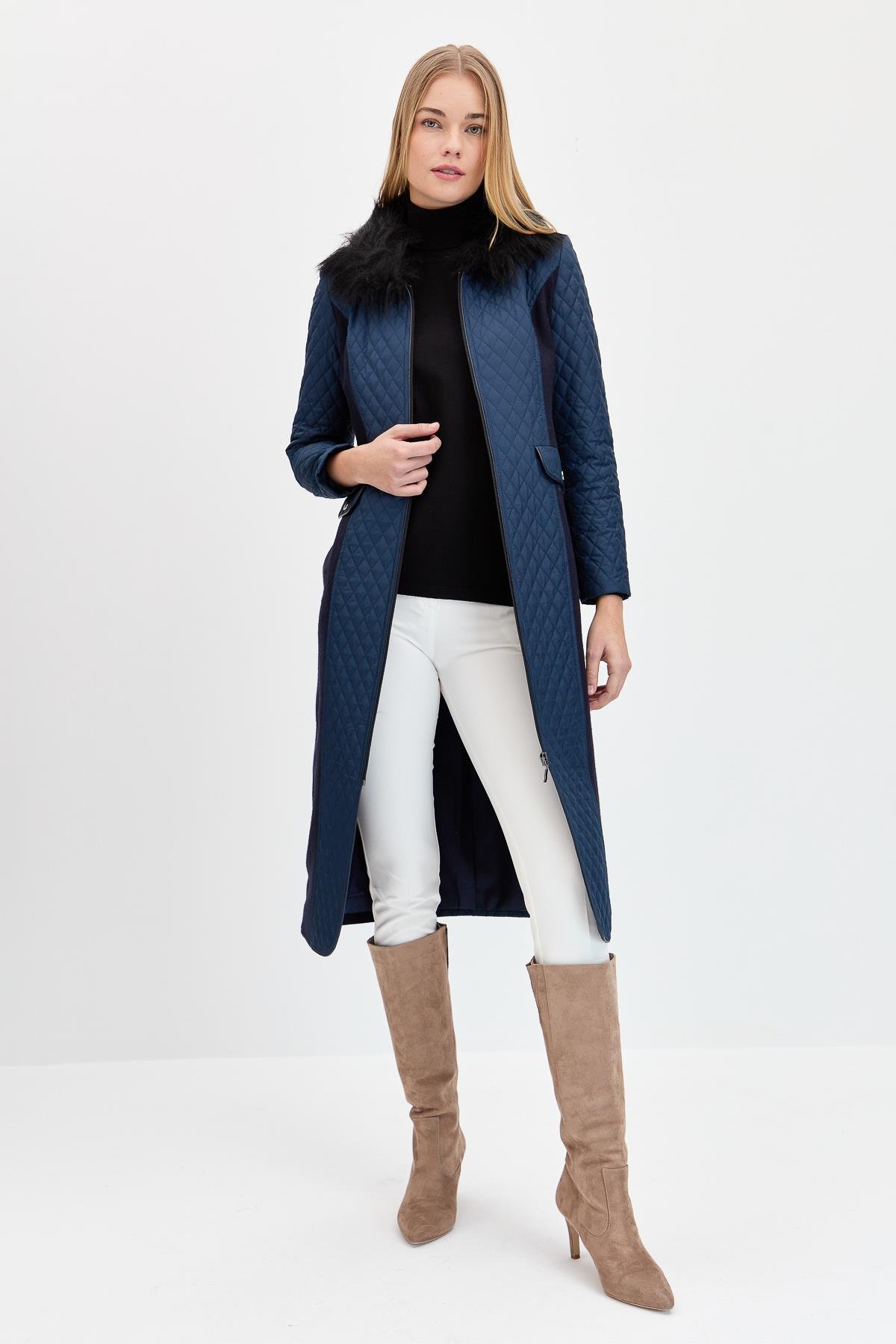 21366Kadın Kürklü Uzun Kollu Ceket Lacivert