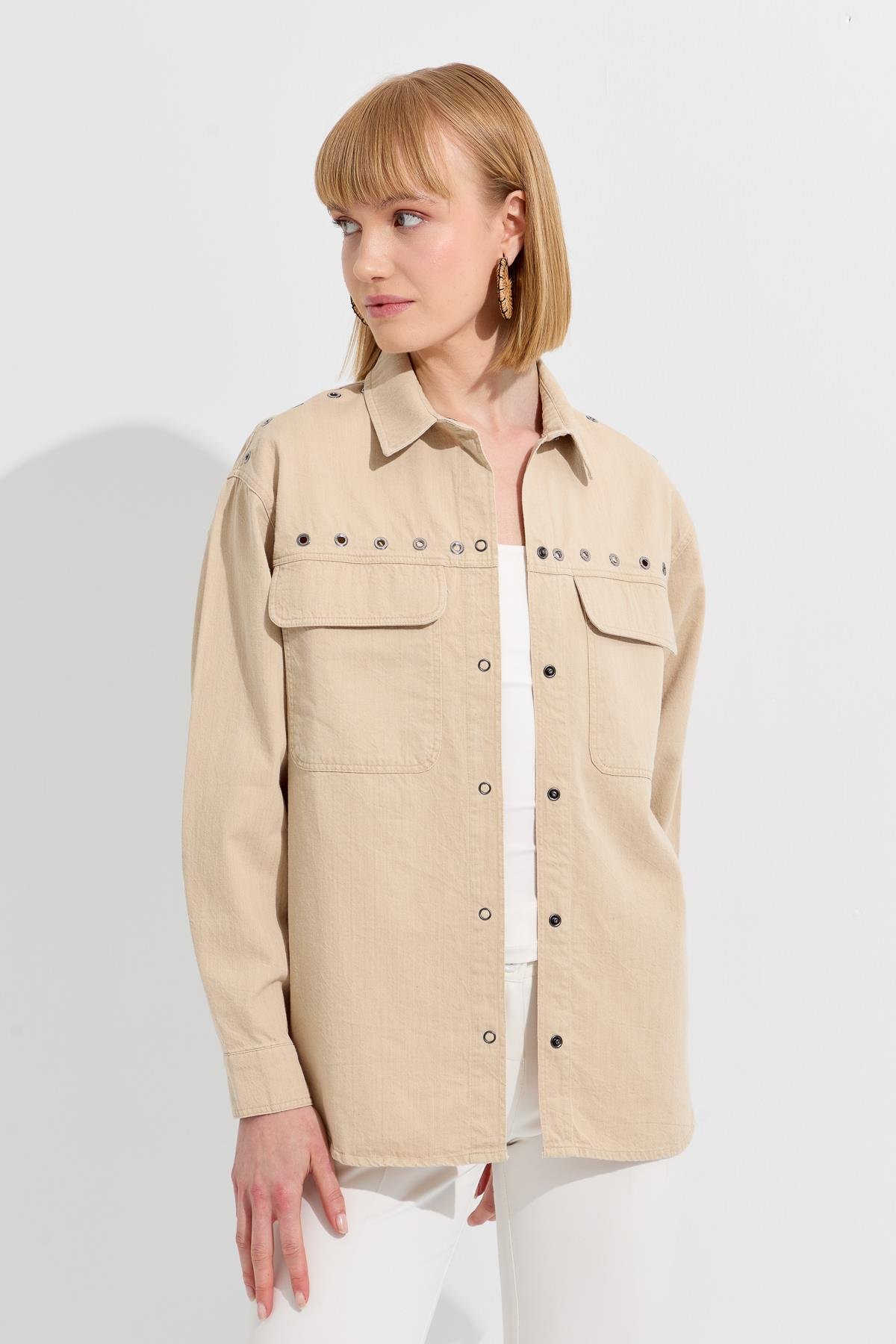 KMY24096Женская хлопковая рубашка с карманами