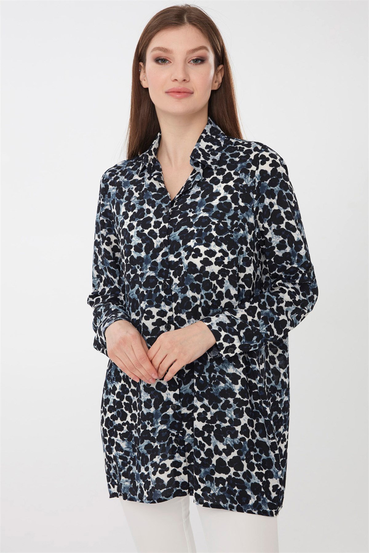 22804Kadın Leopar Desenli Gömlek İndigo