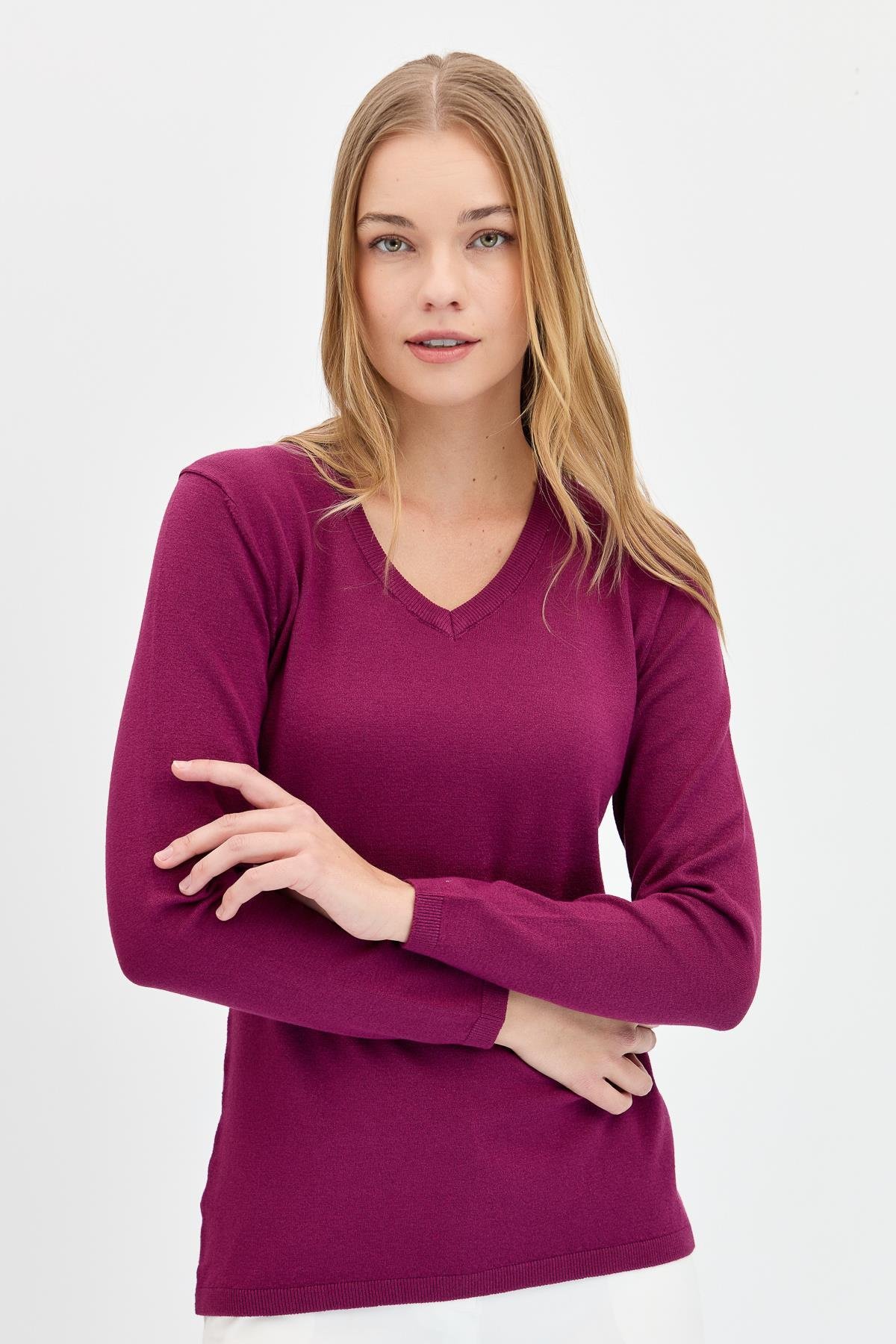 20014Женская базовая блузка с V-образным вырезом из лайкры цвета сливы