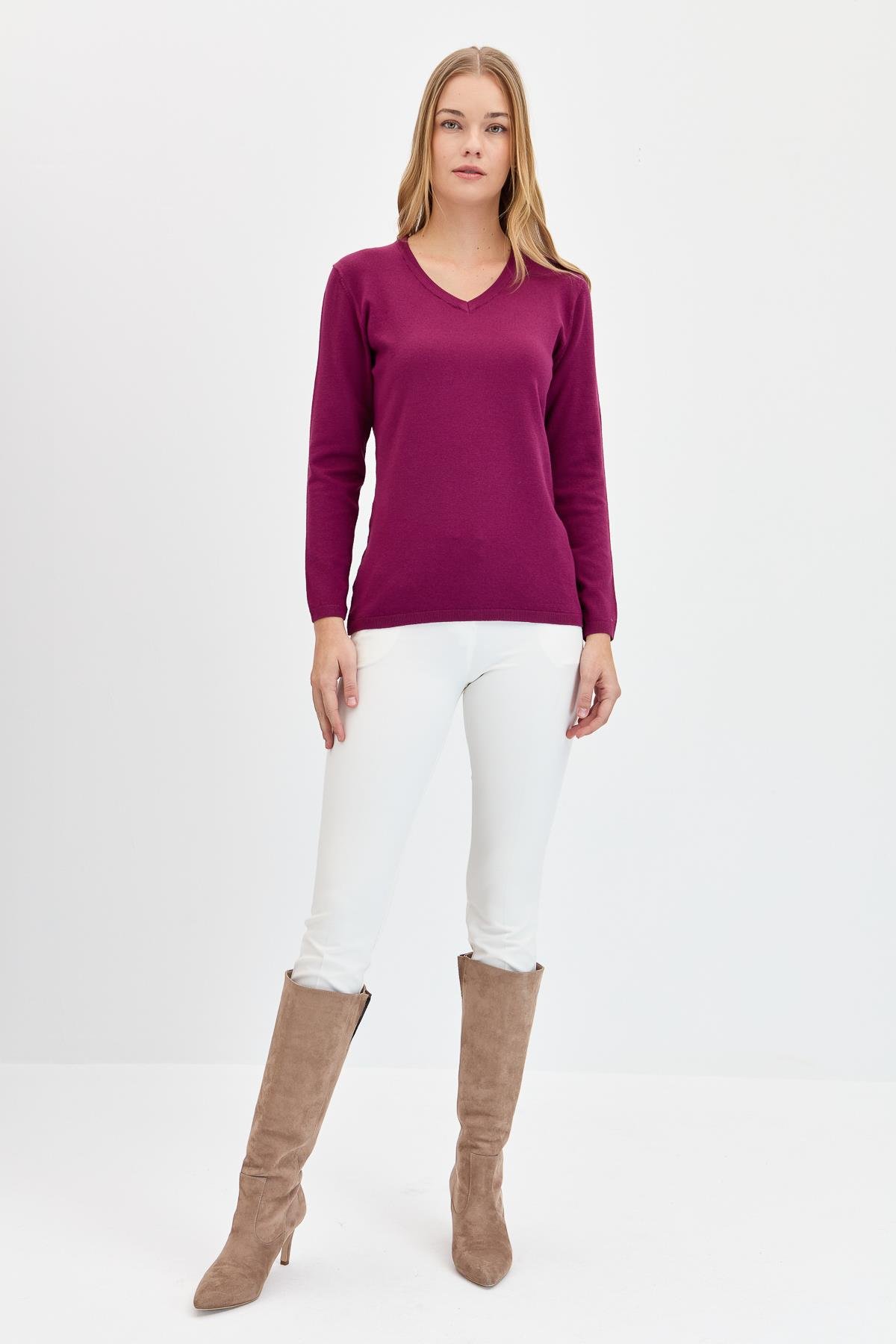 20014Женская базовая блузка с V-образным вырезом из лайкры цвета сливы