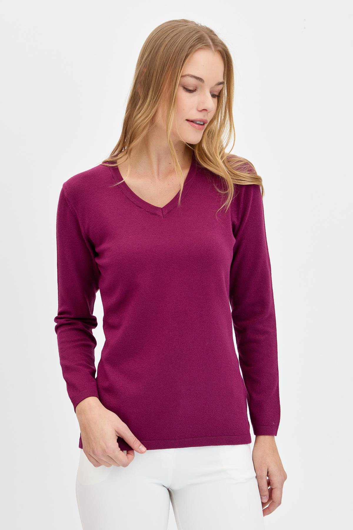 20014Женская базовая блузка с V-образным вырезом из лайкры цвета сливы