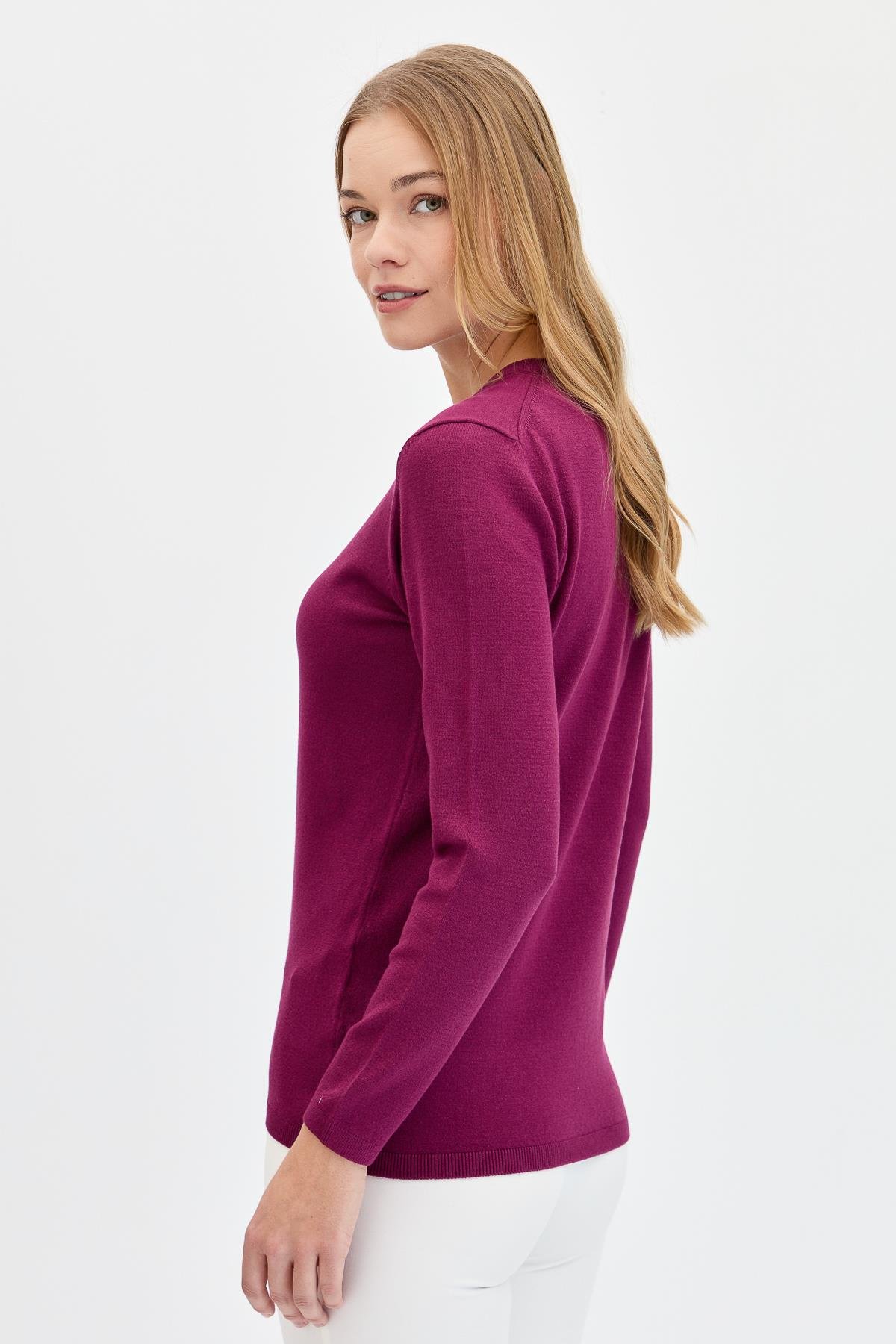 20014Женская базовая блузка с V-образным вырезом из лайкры цвета сливы