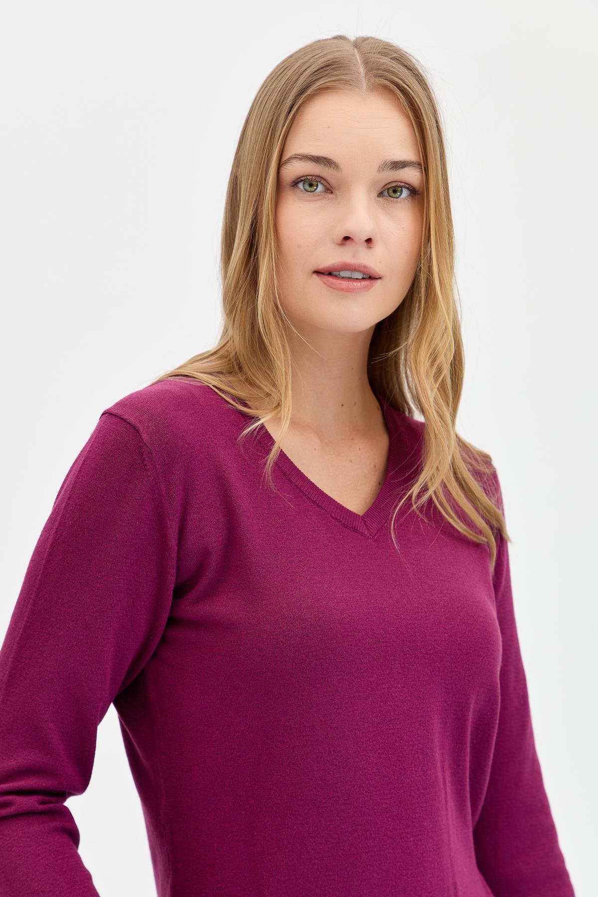 20014Женская базовая блузка с V-образным вырезом из лайкры цвета сливы