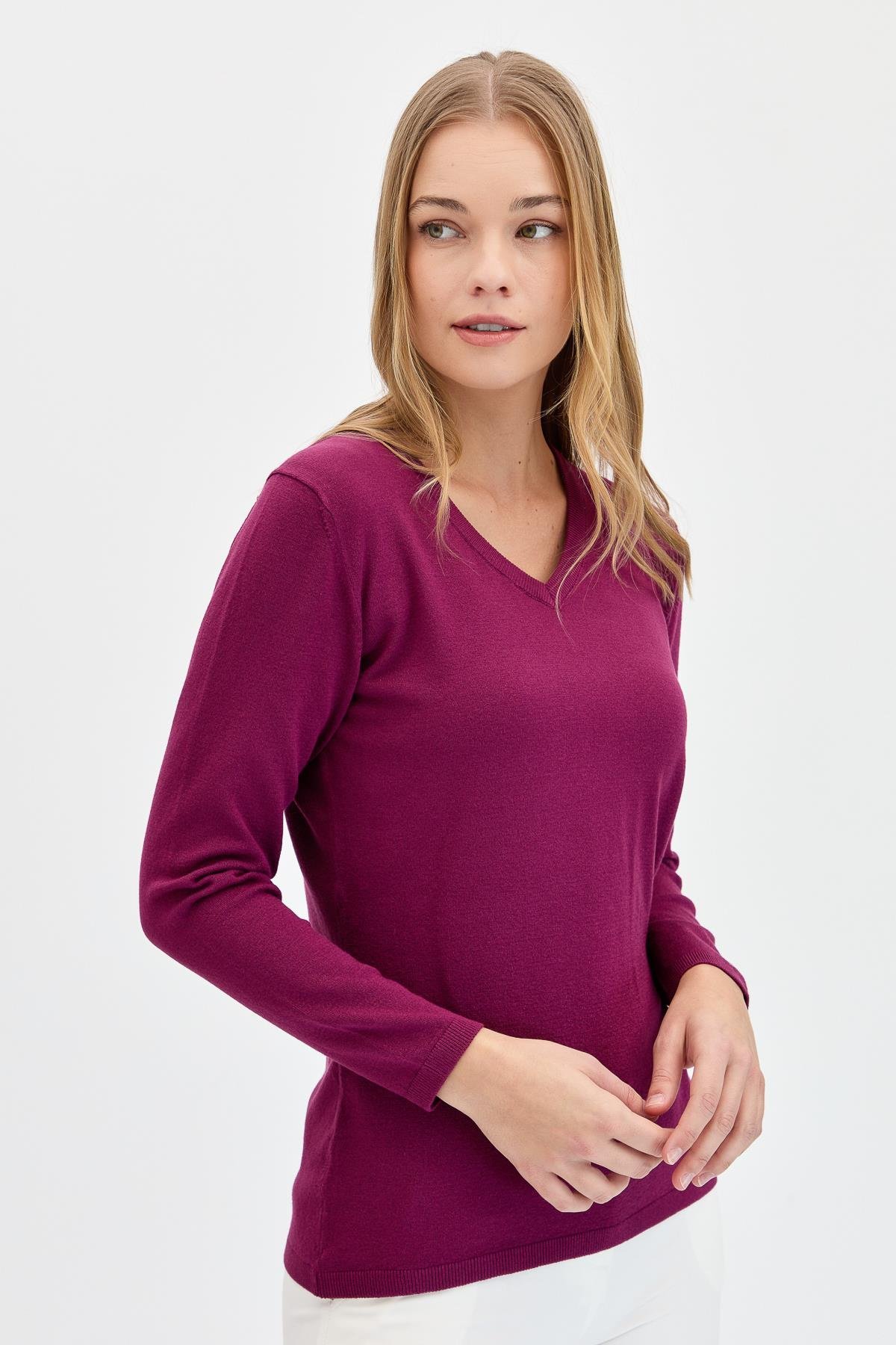20014Женская базовая блузка с V-образным вырезом из лайкры цвета сливы