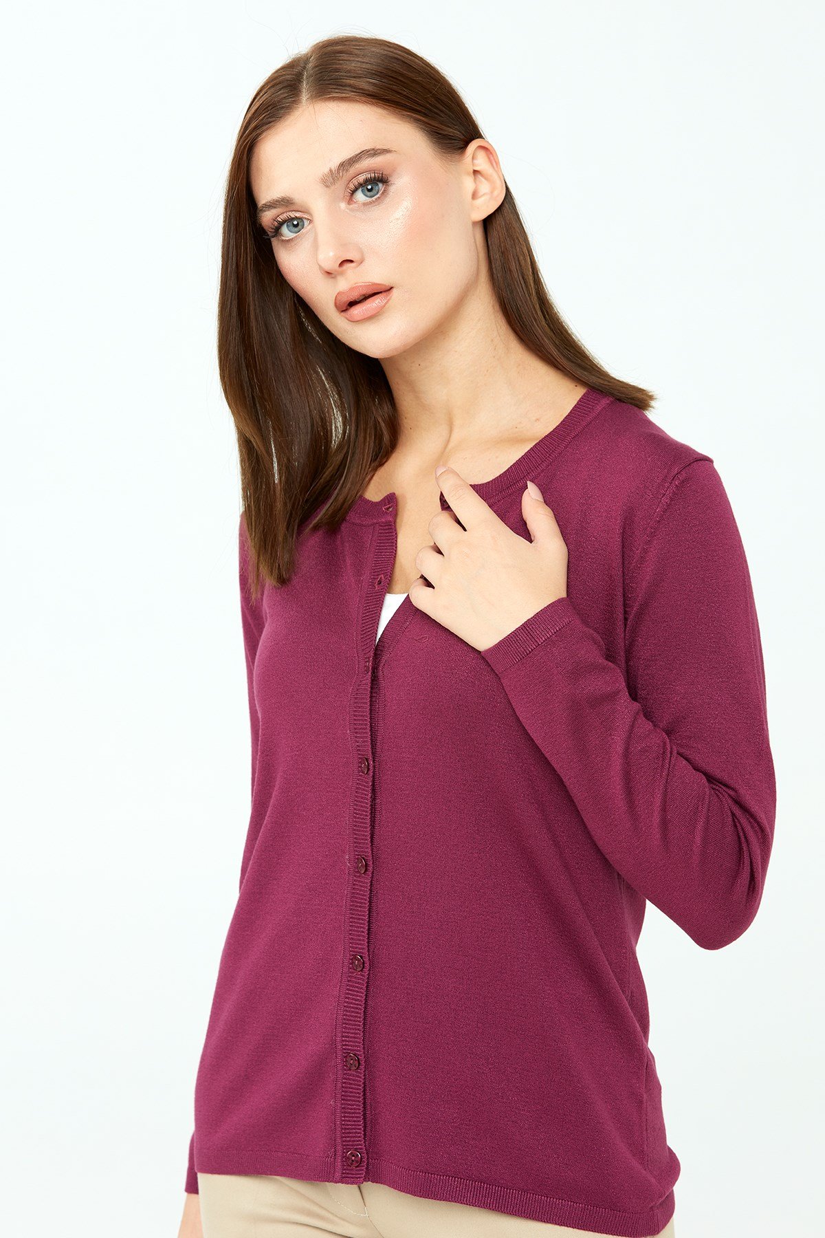 20007Kadın Likralı Basıc Uzun Kollu Sıfır Yaka Hırka Mürdüm