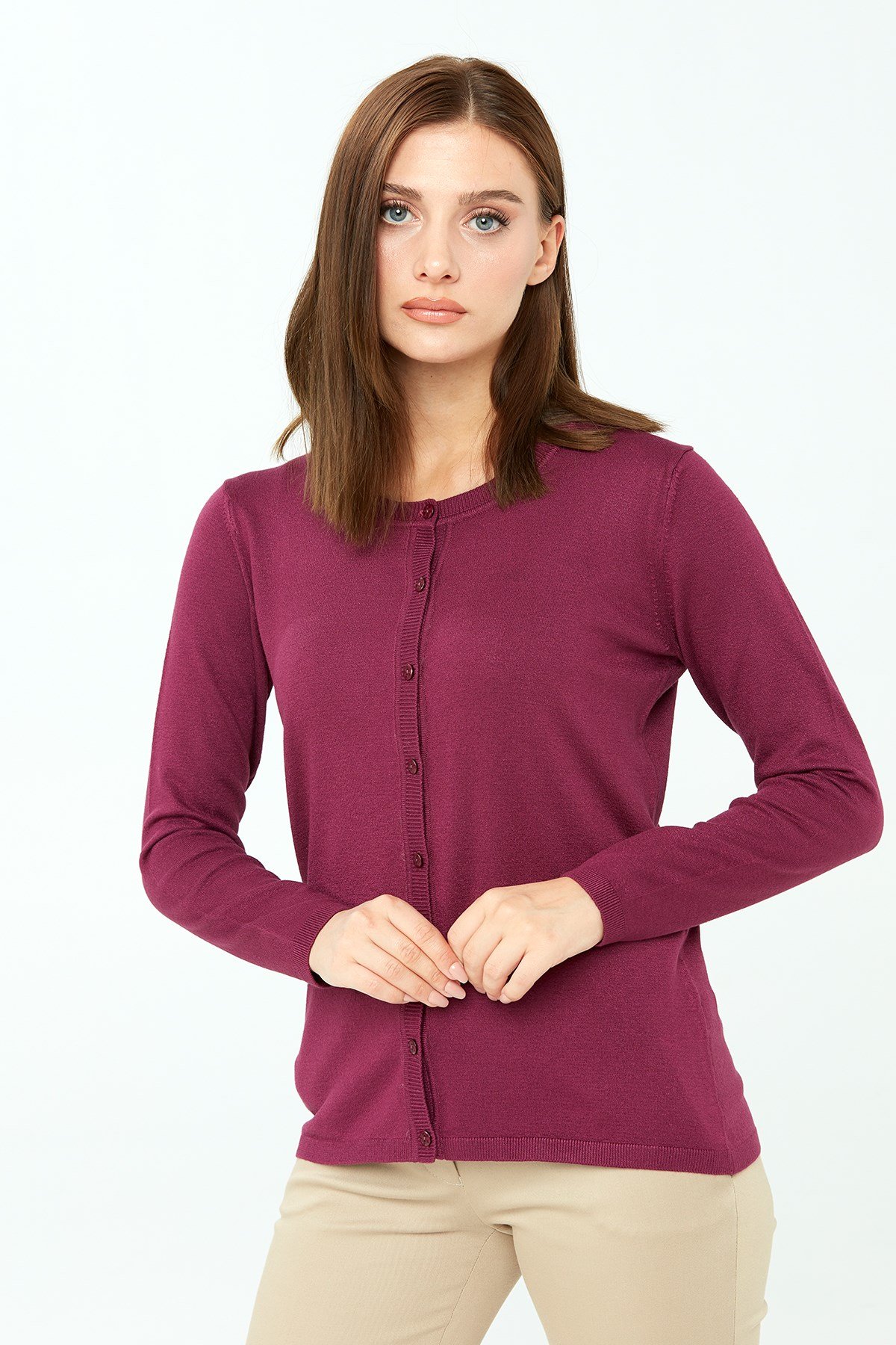 20007Kadın Likralı Basıc Uzun Kollu Sıfır Yaka Hırka Mürdüm