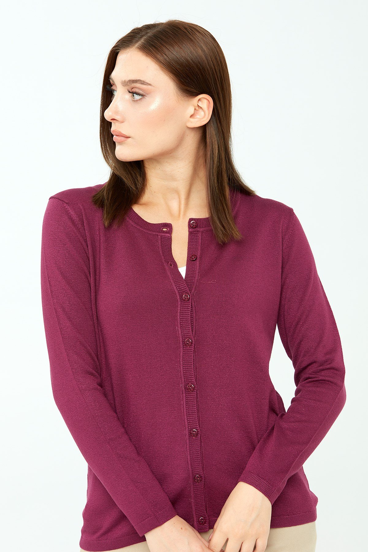 20007Kadın Likralı Basıc Uzun Kollu Sıfır Yaka Hırka Mürdüm