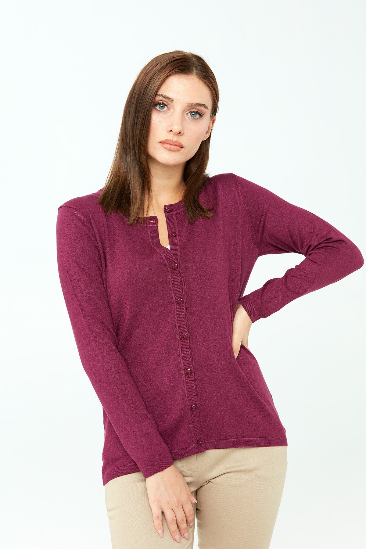 20007Kadın Likralı Basıc Uzun Kollu Sıfır Yaka Hırka Mürdüm