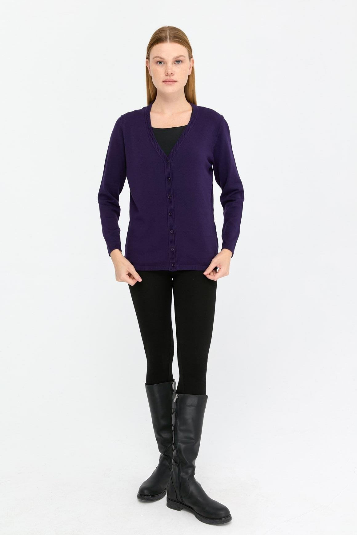 20008Kadın Likralı Basic Uzun Kollu V Yaka Hırka K.Mor