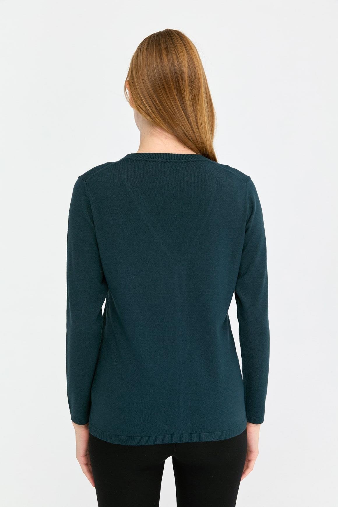 20008Kadın Likralı Basic Uzun Kollu V Yaka Hırka Petrol