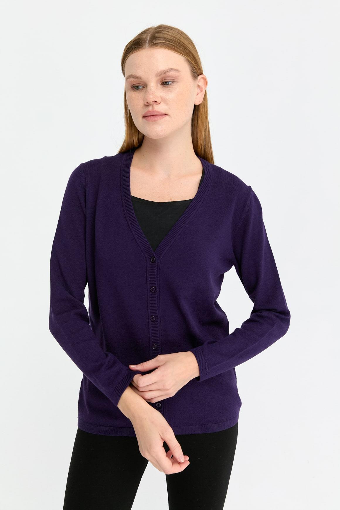 20008Kadın Likralı Basic Uzun Kollu V Yaka Hırka K.Mor