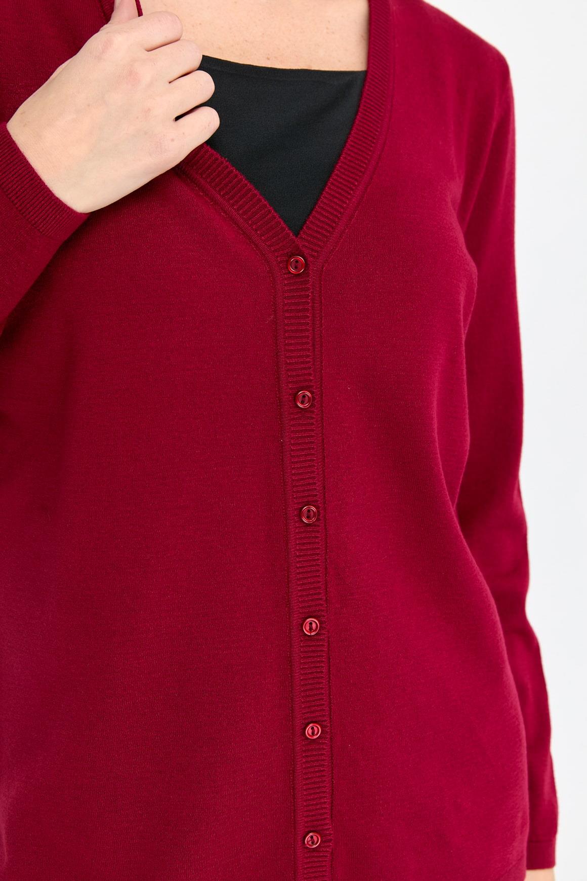 20008Женский базовый кардиган из лайкры с длинными рукавами и V-образным вырезом Темно - Вишнёвый 