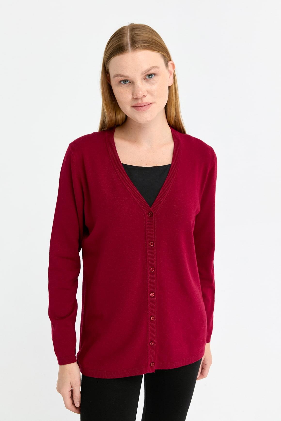 20008Женский базовый кардиган из лайкры с длинными рукавами и V-образным вырезом Темно - Вишнёвый 