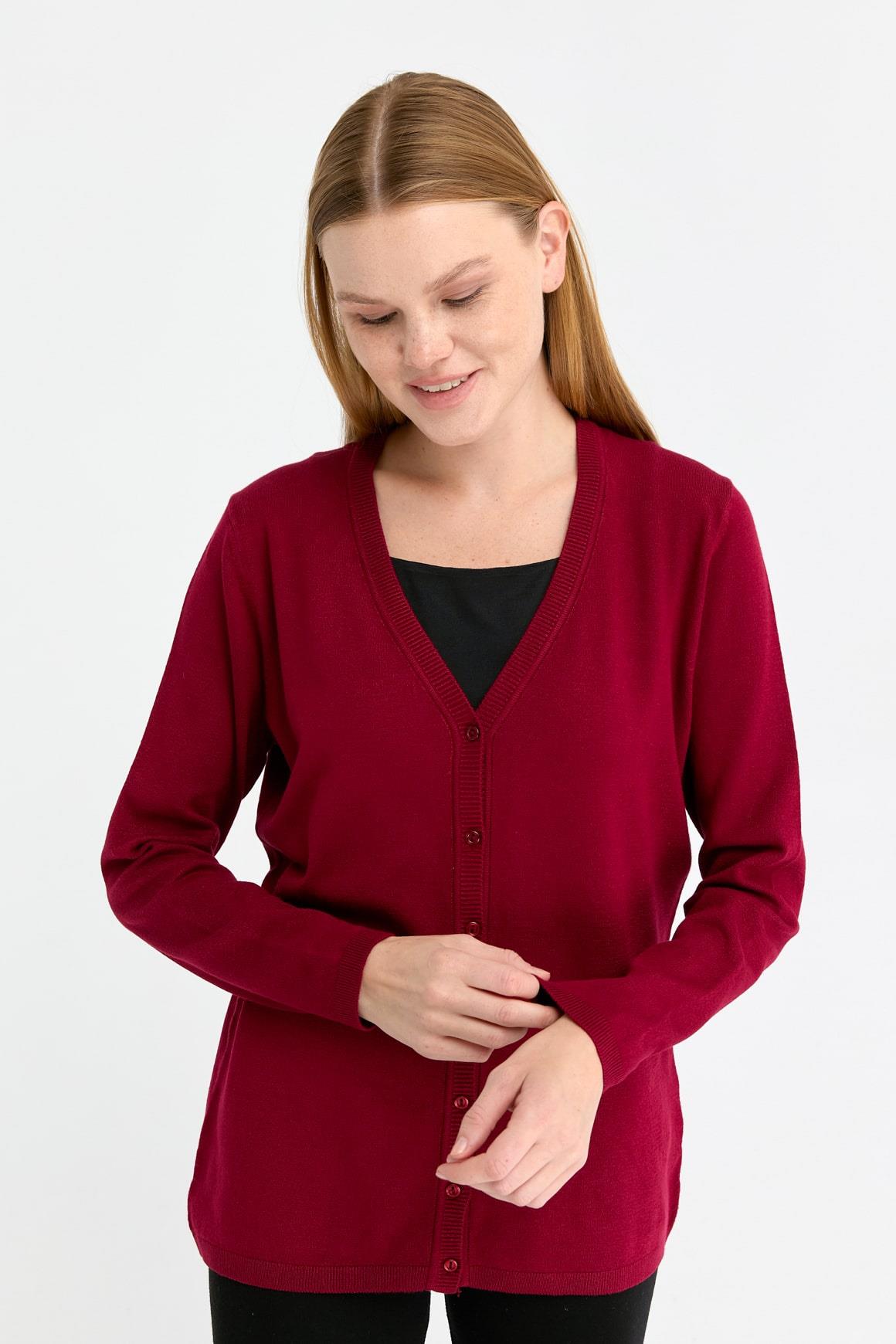 20008Женский базовый кардиган из лайкры с длинными рукавами и V-образным вырезом Темно - Вишнёвый 