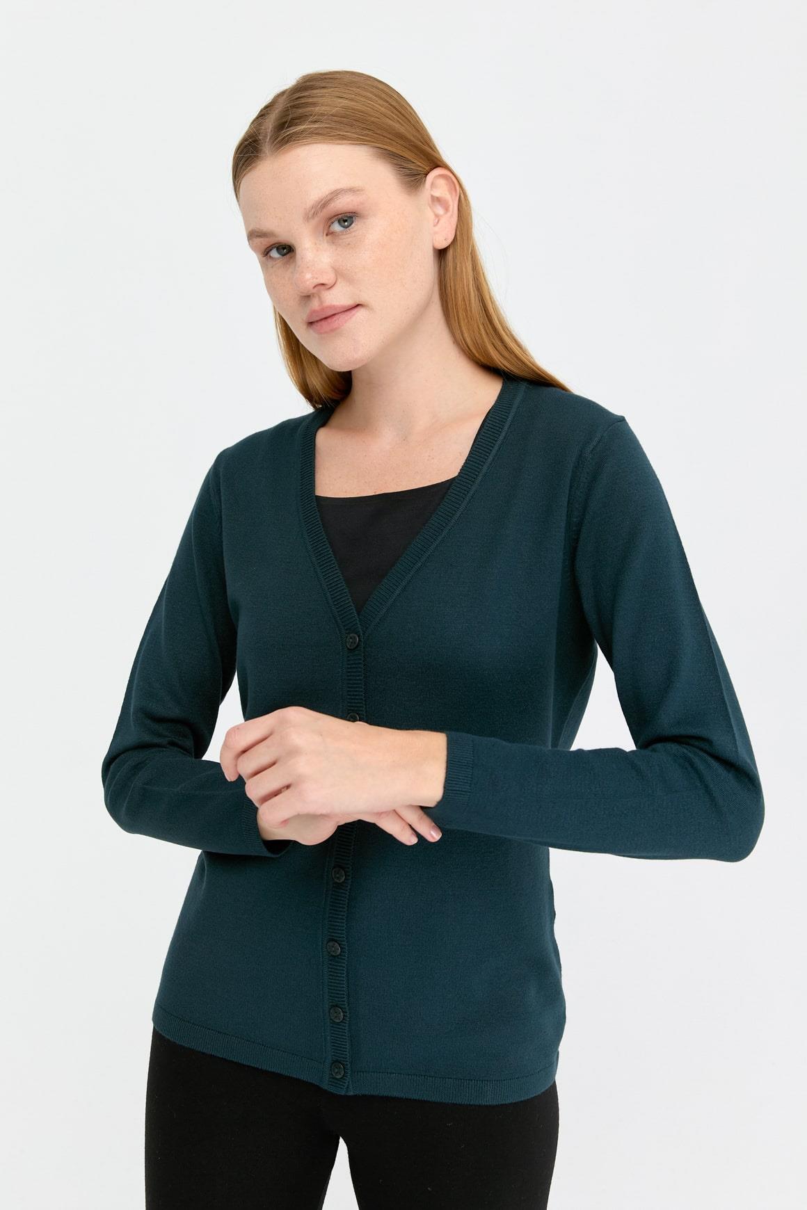 20008Kadın Likralı Basic Uzun Kollu V Yaka Hırka Petrol