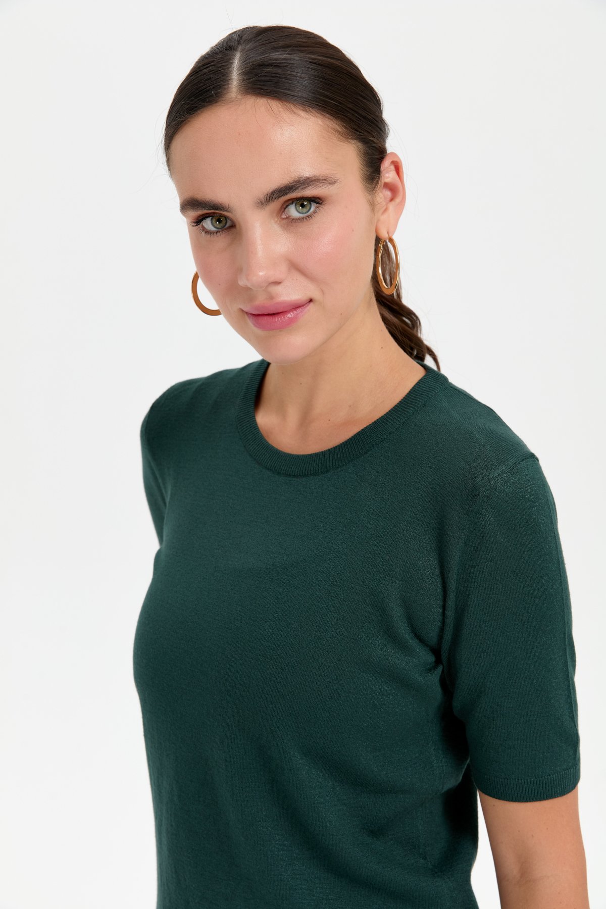 20344Kadın Likralı Kısa Kollu Sıfır Yaka Düz Bluz Nefti