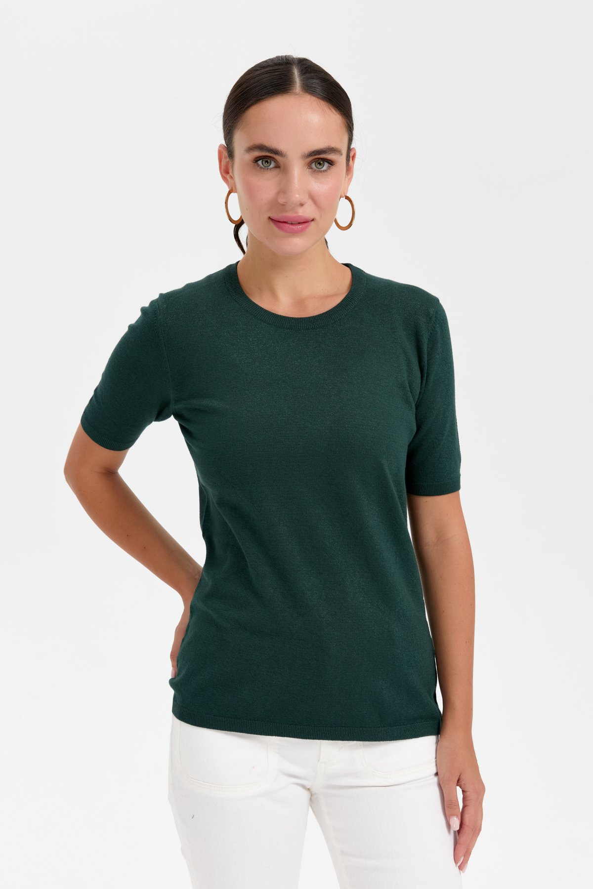 20344Kadın Likralı Kısa Kollu Sıfır Yaka Düz Bluz Nefti