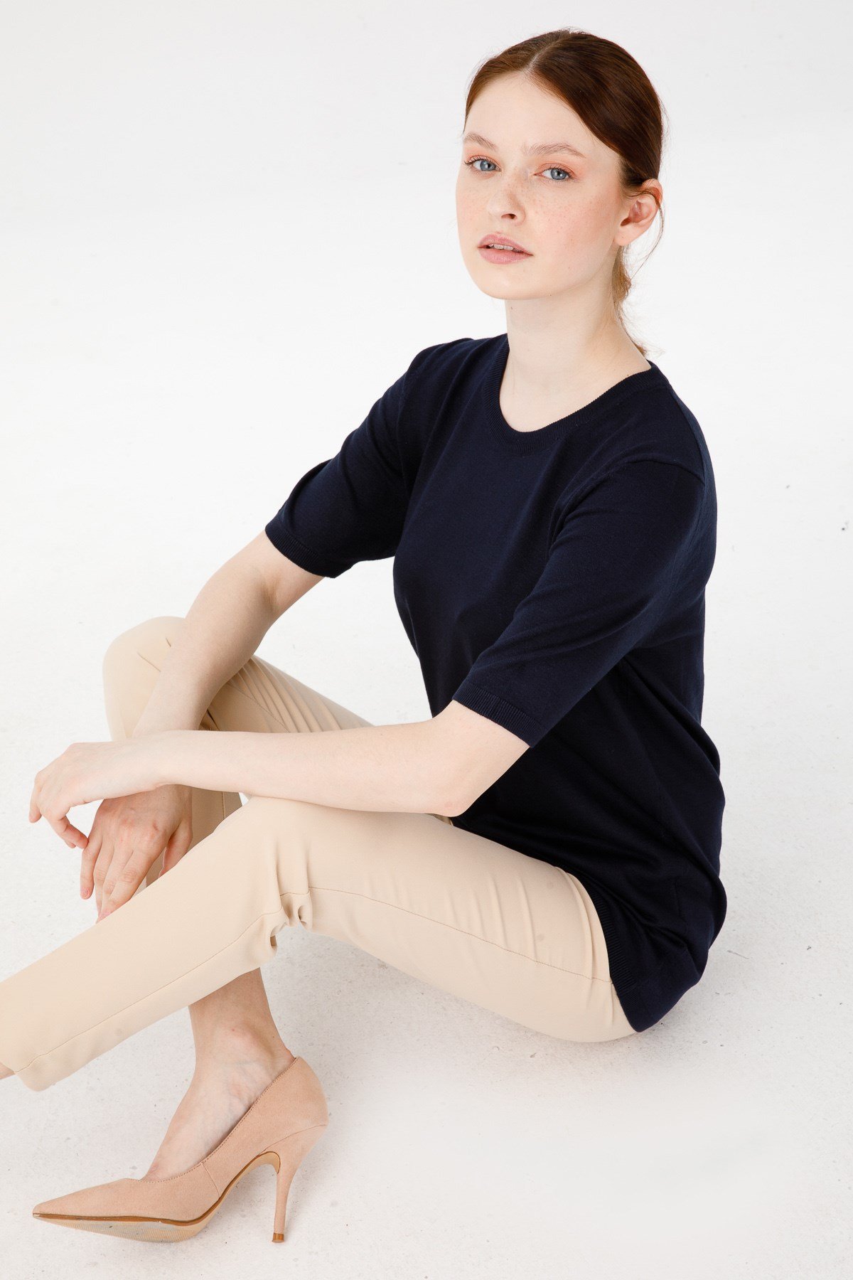 20344Kadın Likralı Kısa Kollu Sıfır Yaka Düz Bluz K.Lacivert