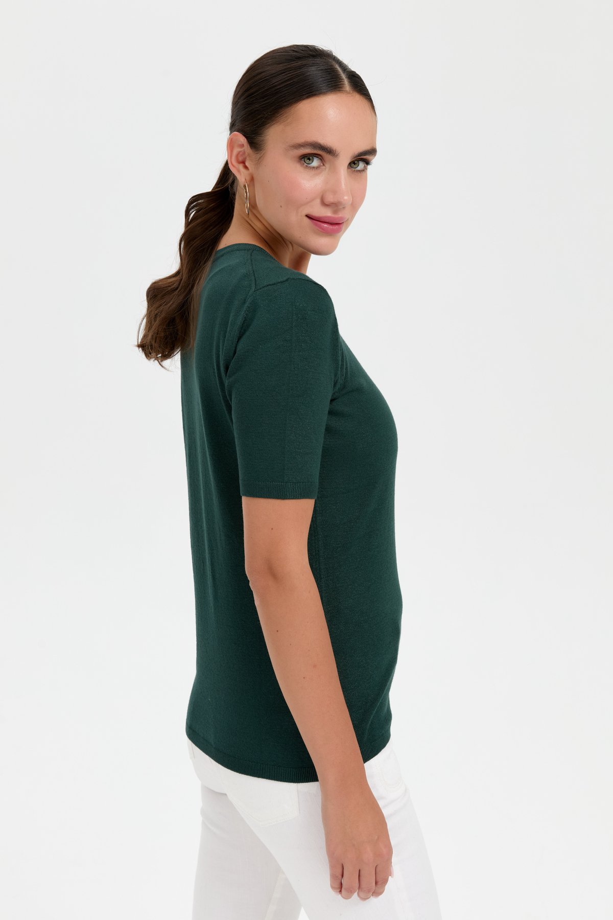 20344Kadın Likralı Kısa Kollu Sıfır Yaka Düz Bluz Nefti