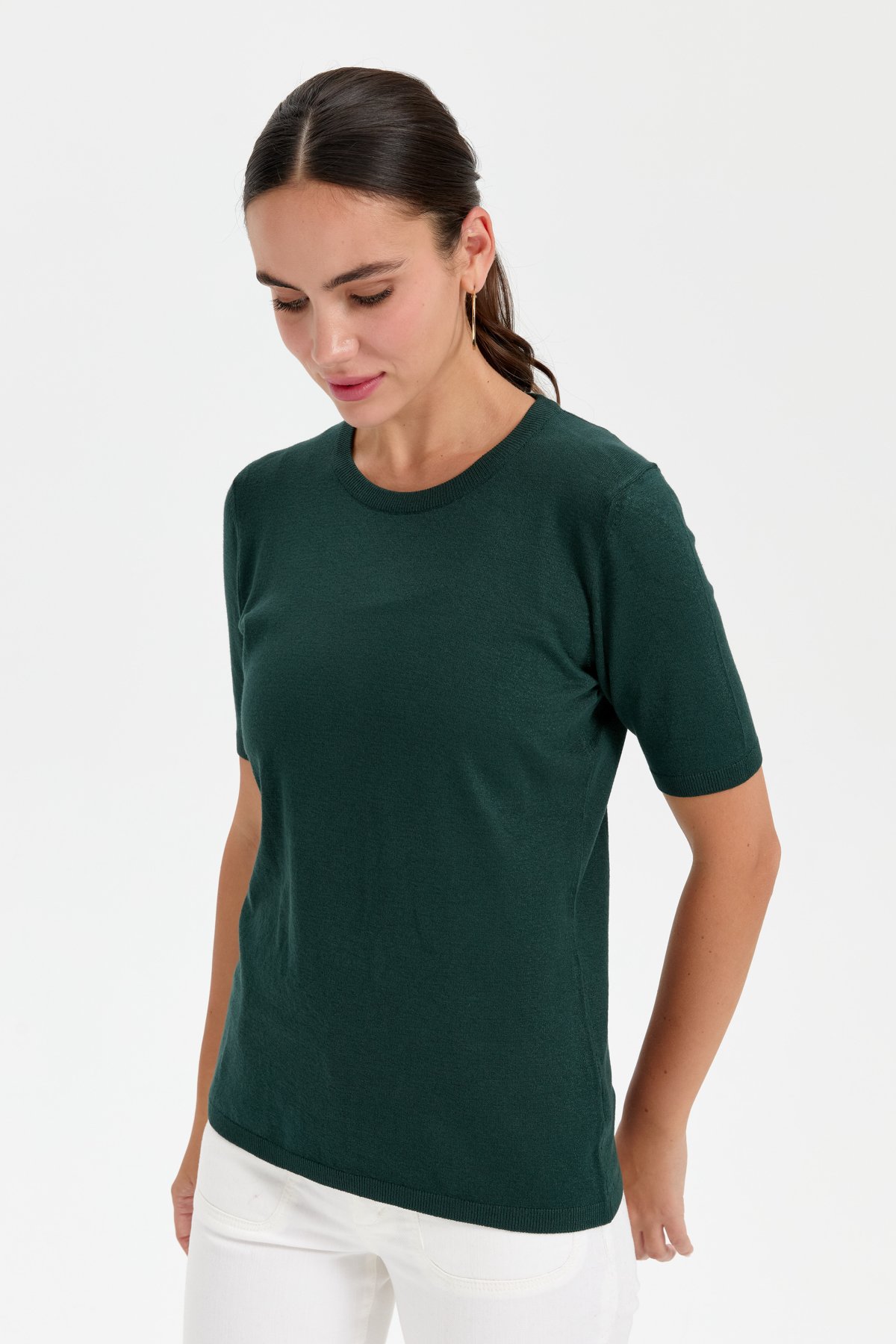 20344Kadın Likralı Kısa Kollu Sıfır Yaka Düz Bluz Nefti