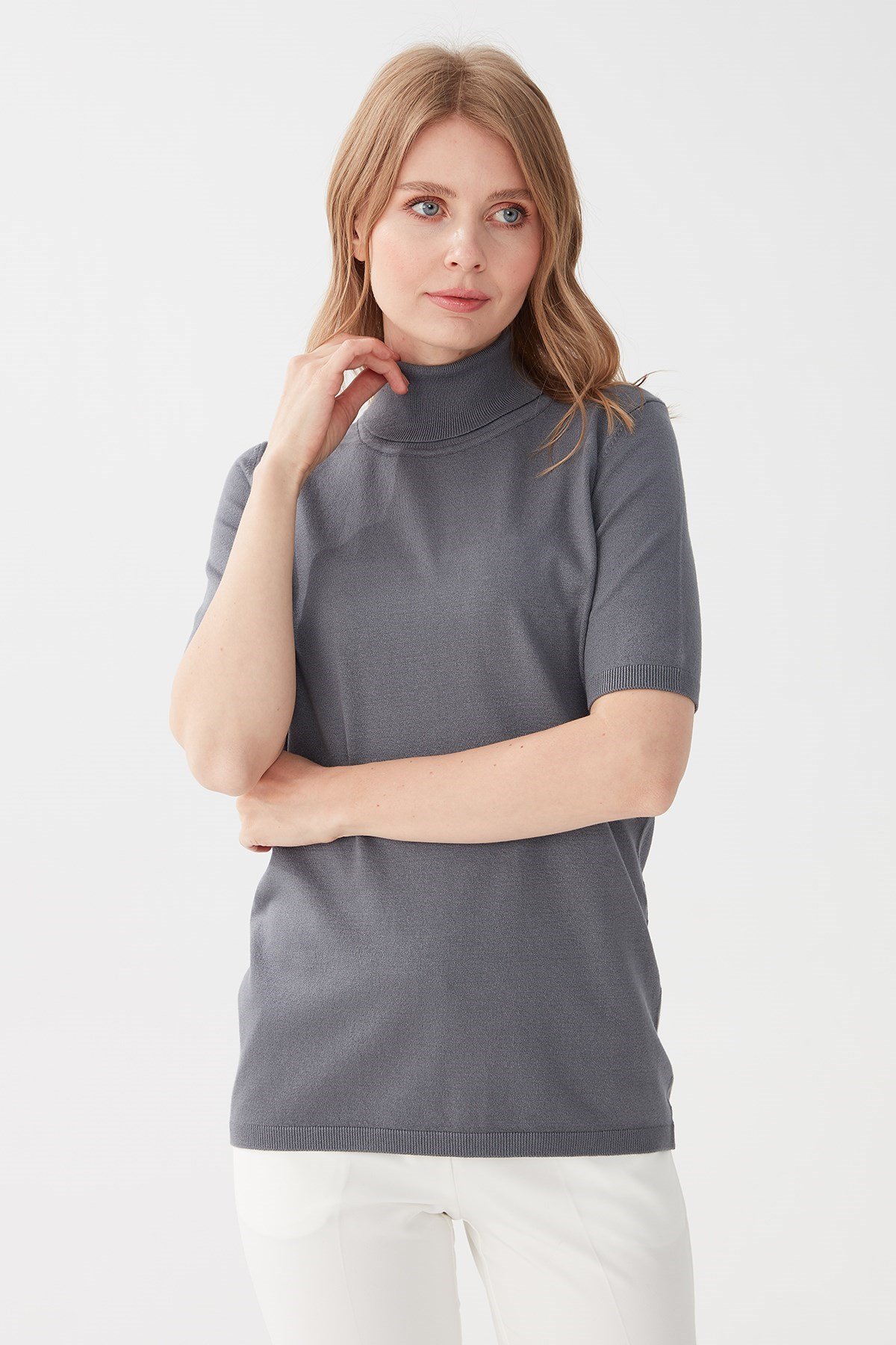 20346Kadın Likralı Kısa Kollu Tam Balıkçı Bluz Koyu Füme