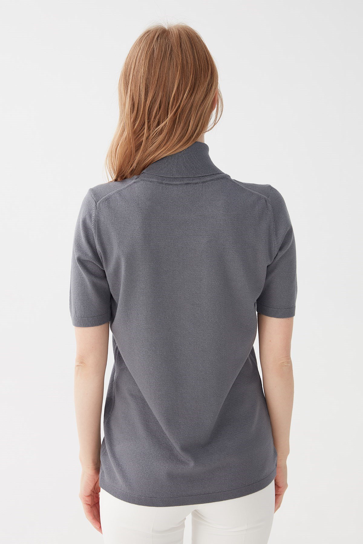 20346Kadın Likralı Kısa Kollu Tam Balıkçı Bluz Koyu Füme