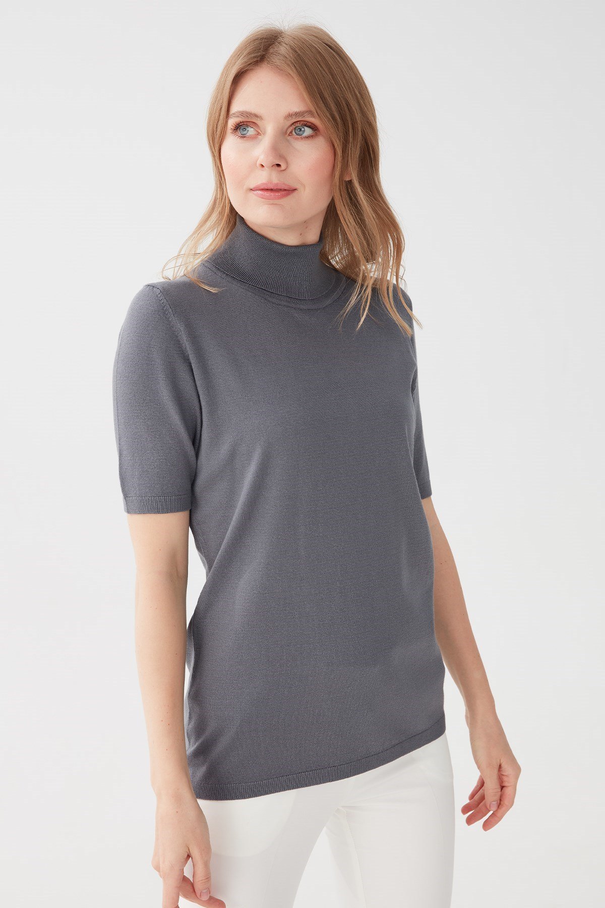 20346Kadın Likralı Kısa Kollu Tam Balıkçı Bluz Koyu Füme