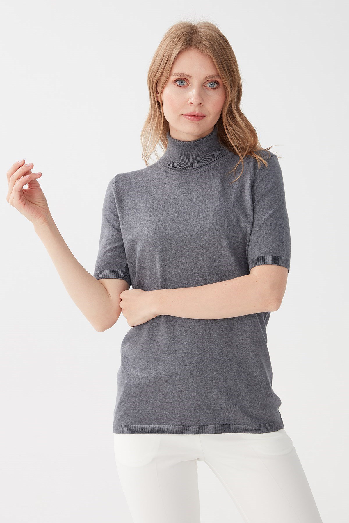 20346Kadın Likralı Kısa Kollu Tam Balıkçı Bluz Koyu Füme