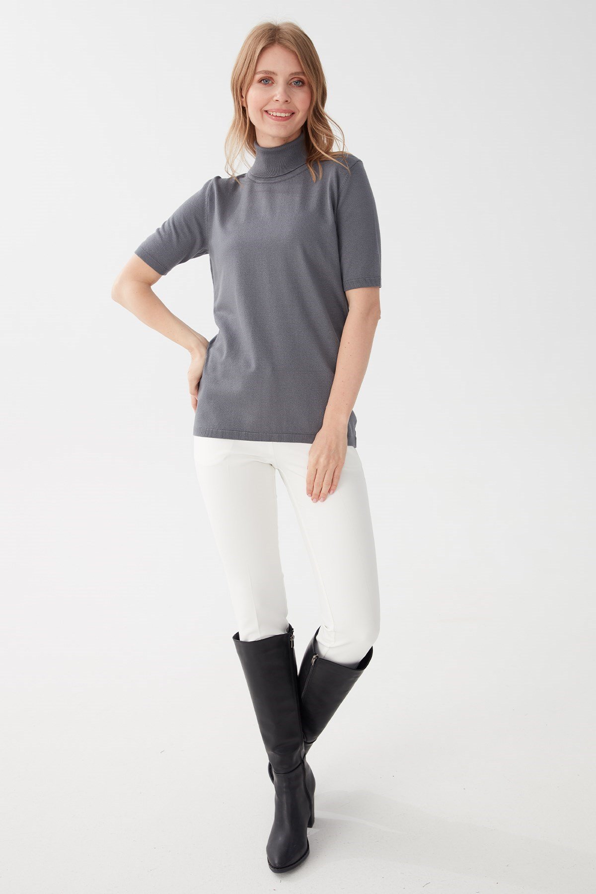 20346Kadın Likralı Kısa Kollu Tam Balıkçı Bluz Koyu Füme