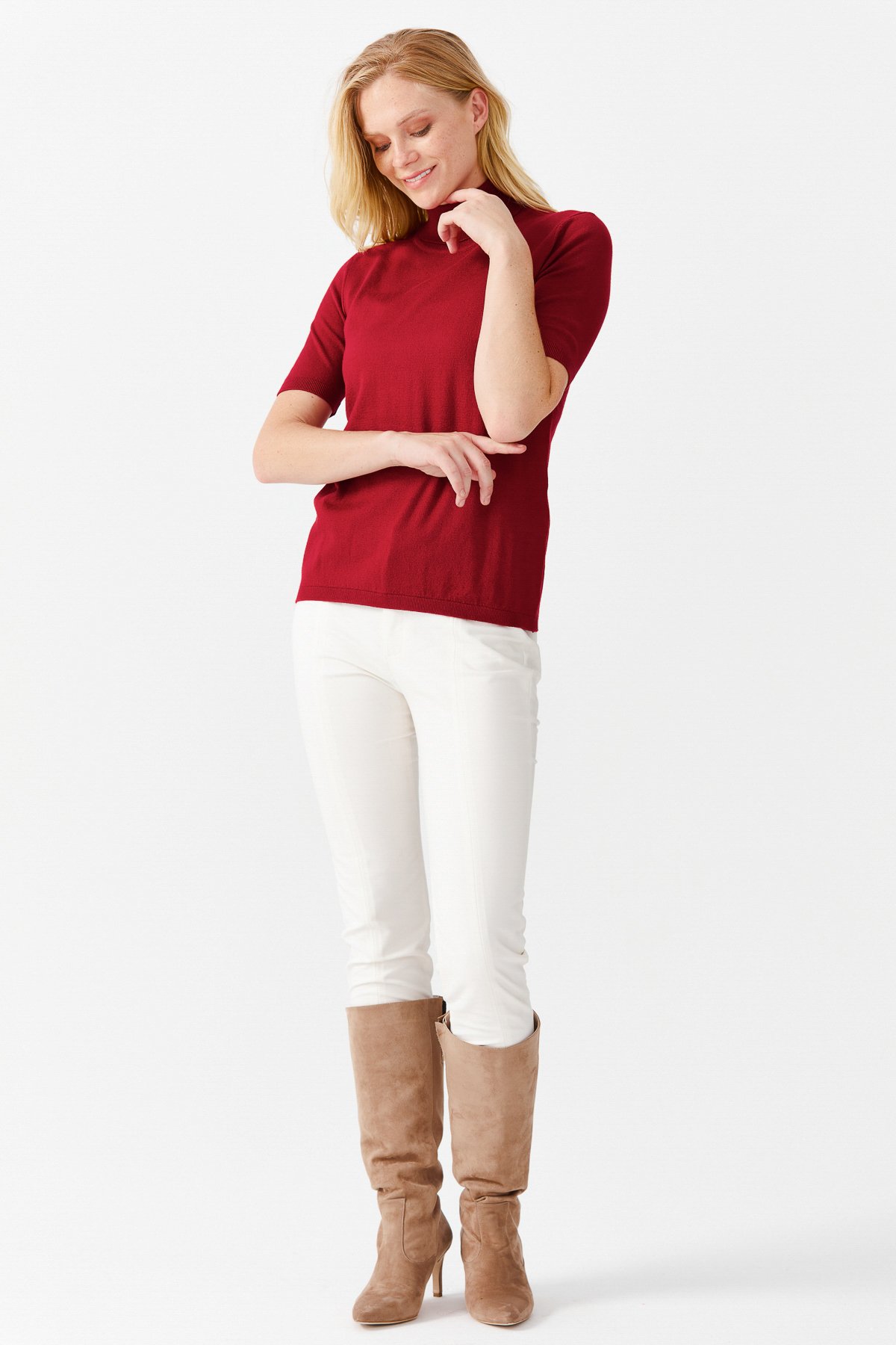 20346Женская блузка с водолазкой из лайкры ТЕМНО-КРАСНЫЙ