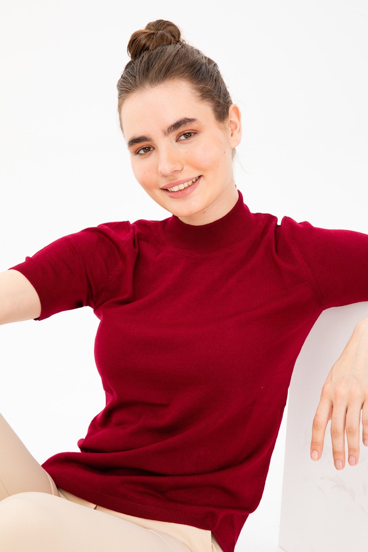 20345Kadın Likralı Kısa Kollu Yarım Balıkçı Bluz Vişne