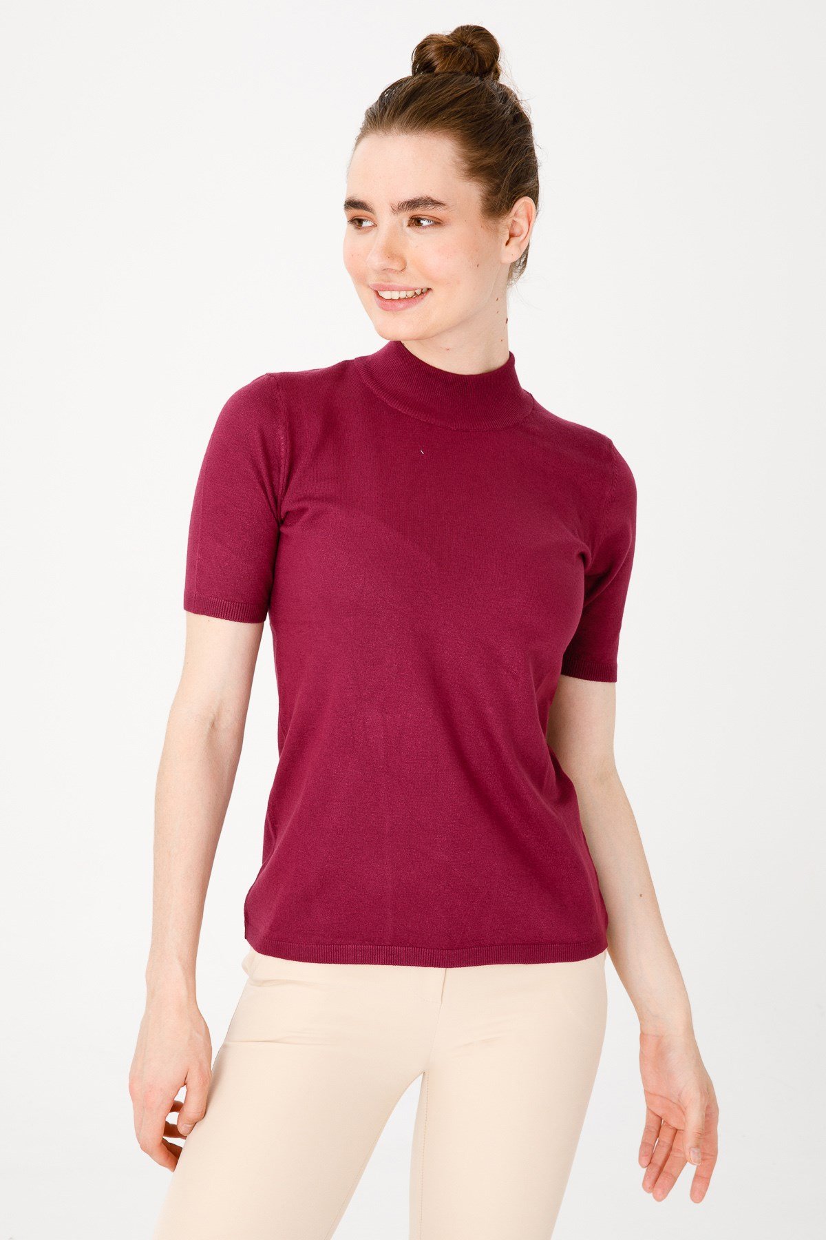 20345Kadın Likralı Kısa Kollu Yarım Balıkçı Bluz Koyu Mürdüm