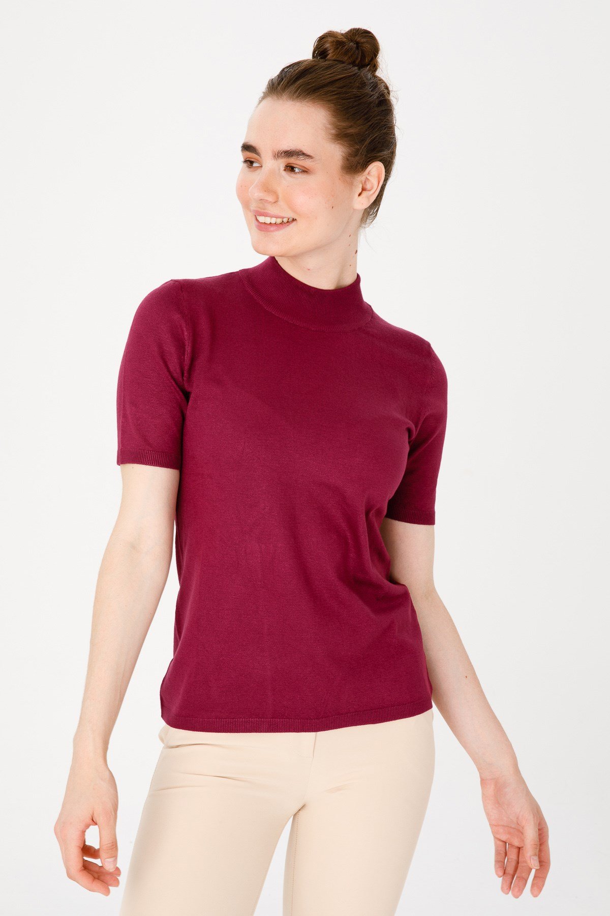 20345Kadın Likralı Kısa Kollu Yarım Balıkçı Bluz Koyu Mürdüm