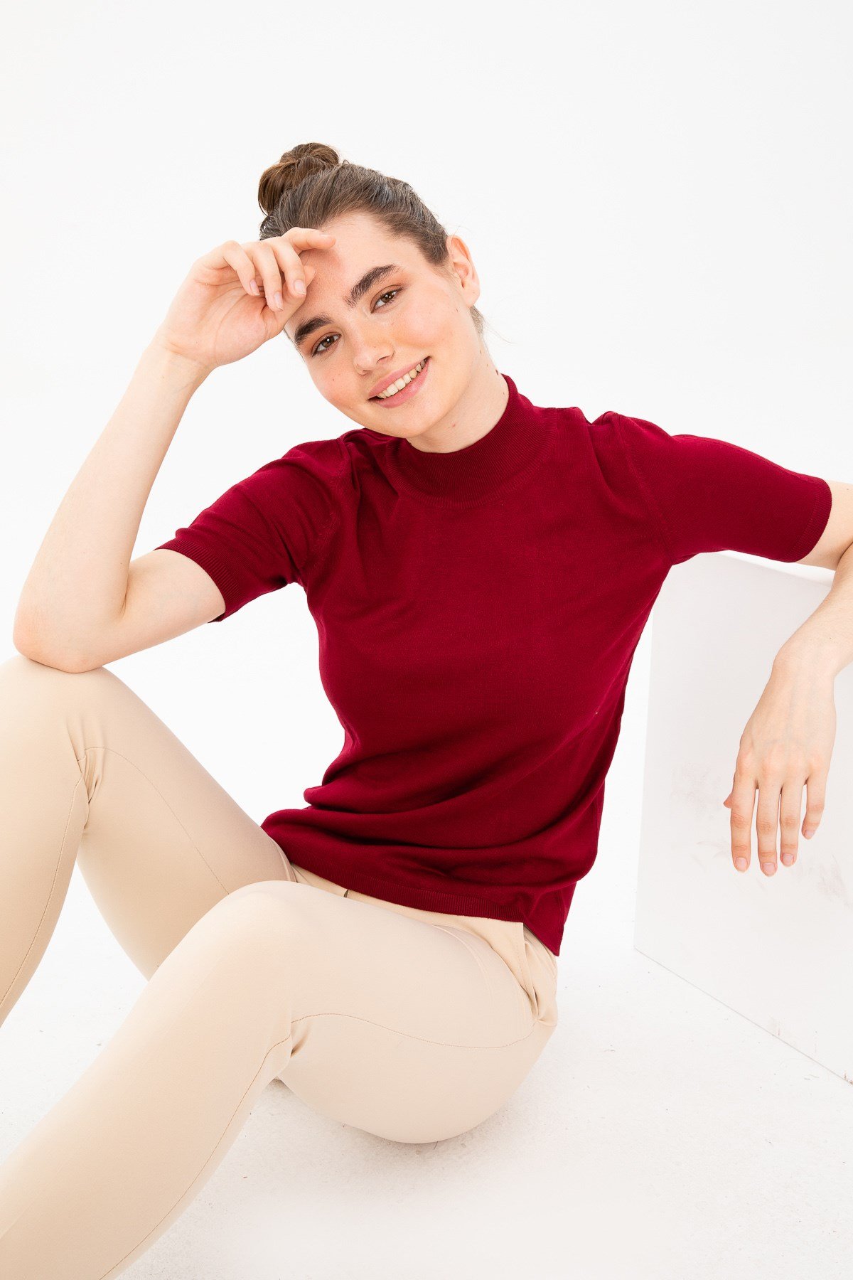 20345Kadın Likralı Kısa Kollu Yarım Balıkçı Bluz Vişne