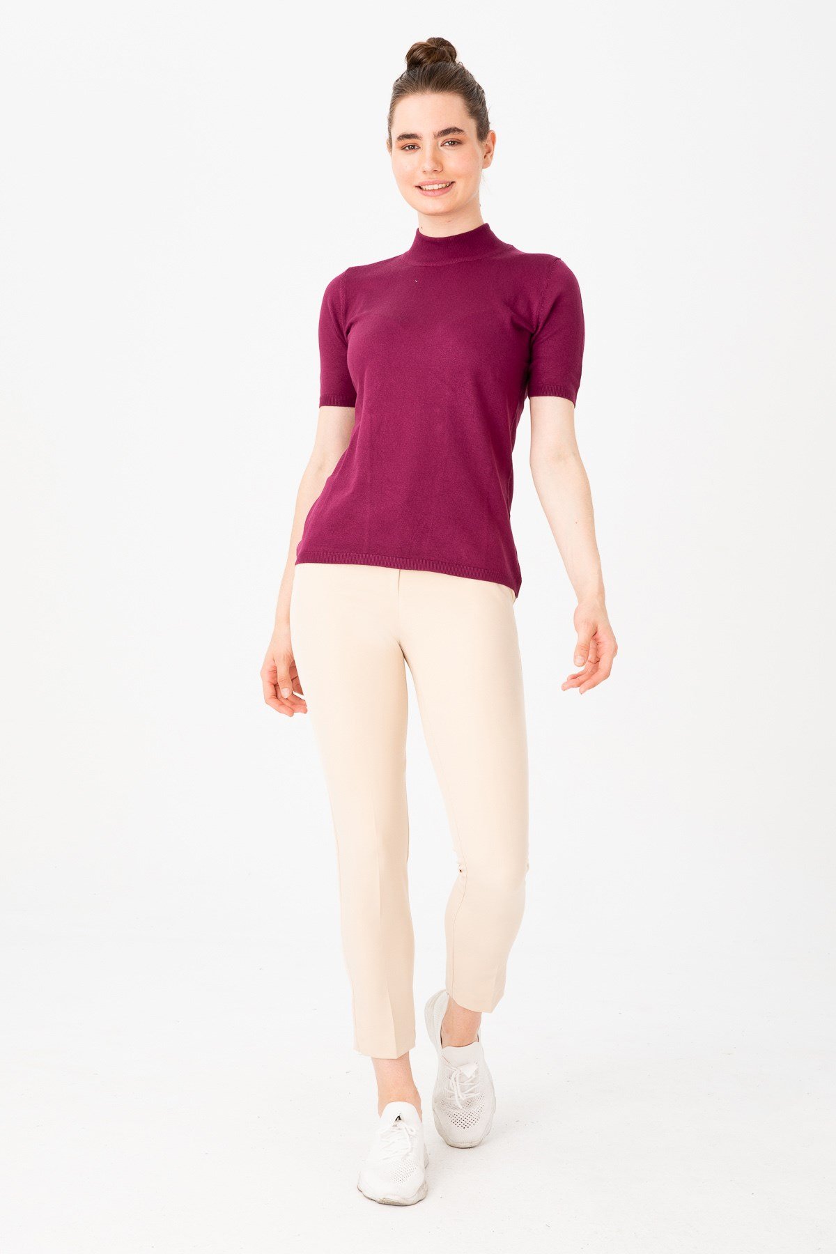 20345Kadın Likralı Kısa Kollu Yarım Balıkçı Bluz Koyu Mürdüm