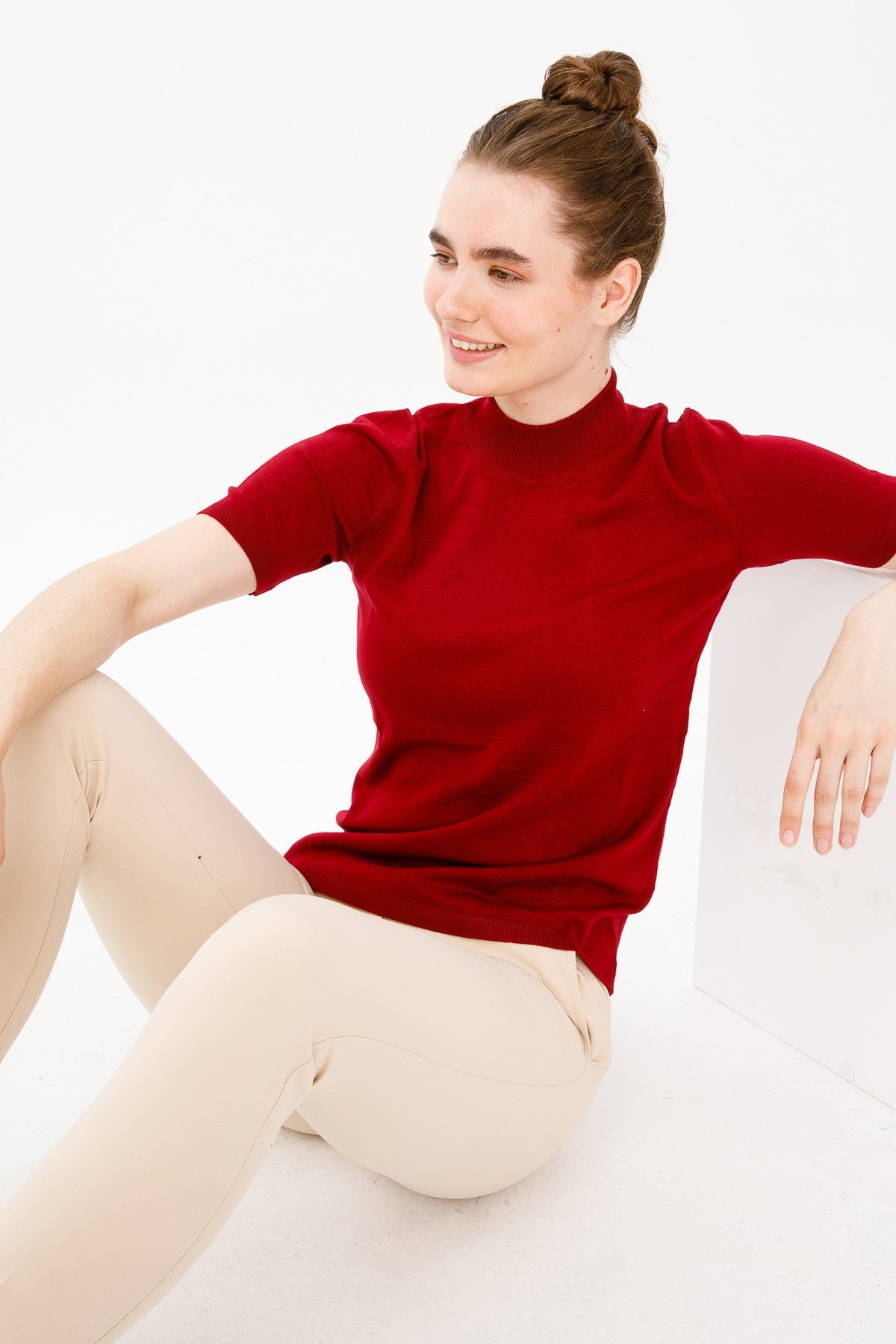 20345Kadın Likralı Kısa Kollu Yarım Balıkçı Bluz Vişne