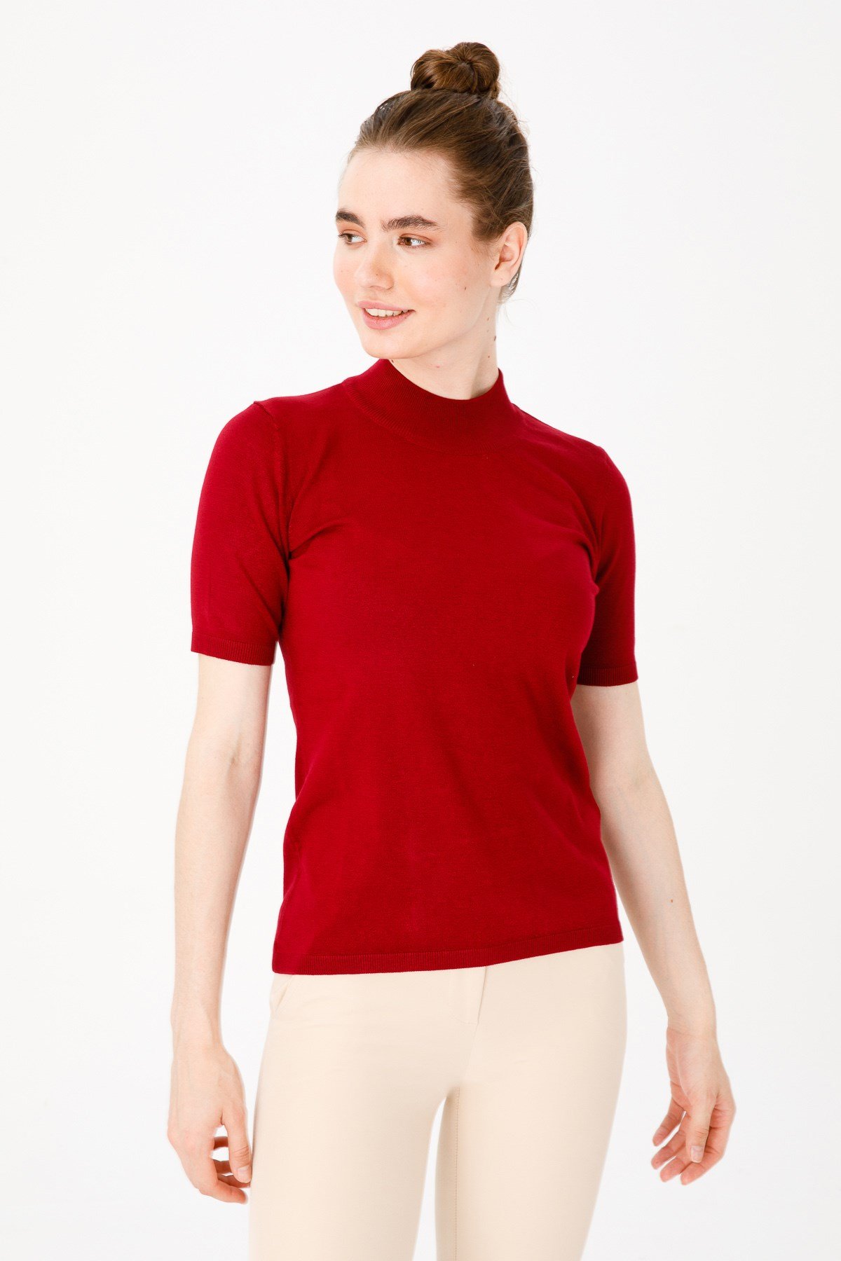 20345Kadın Likralı Kısa Kollu Yarım Balıkçı Bluz Vişne