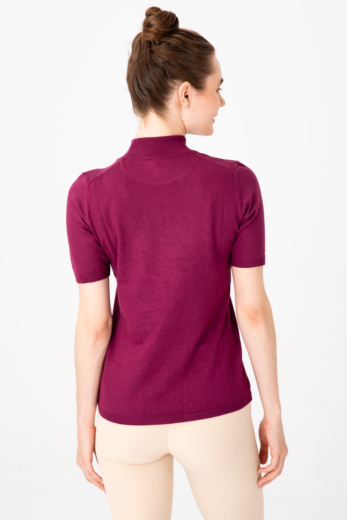 20345Kadın Likralı Kısa Kollu Yarım Balıkçı Bluz Koyu Mürdüm