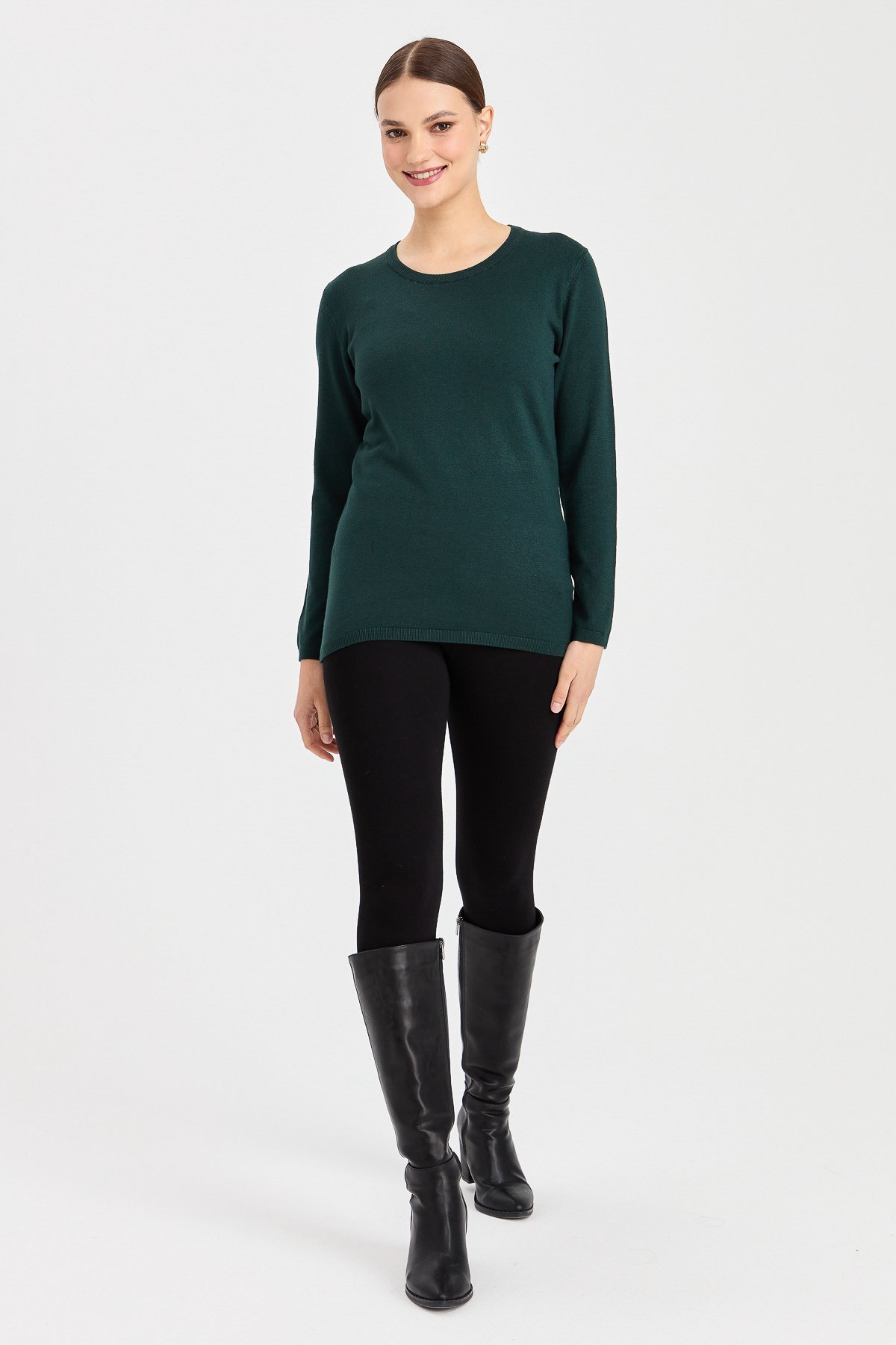 20015Kadın Likralı Uzun Kol Basic Sıfır Yaka Bluz Nefti