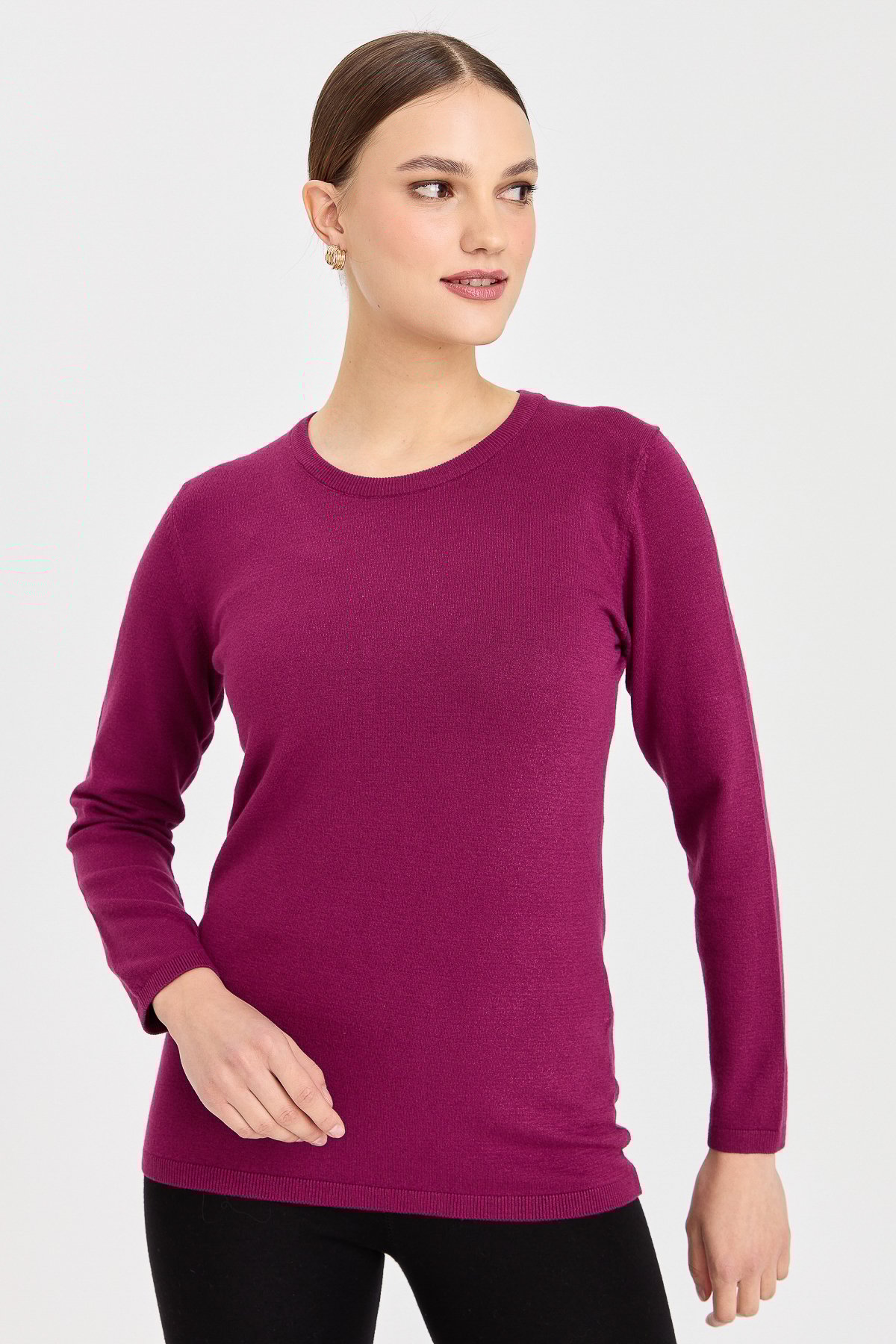 20015Kadın Likralı Uzun Kol Basic Sıfır Yaka Bluz Mürdüm