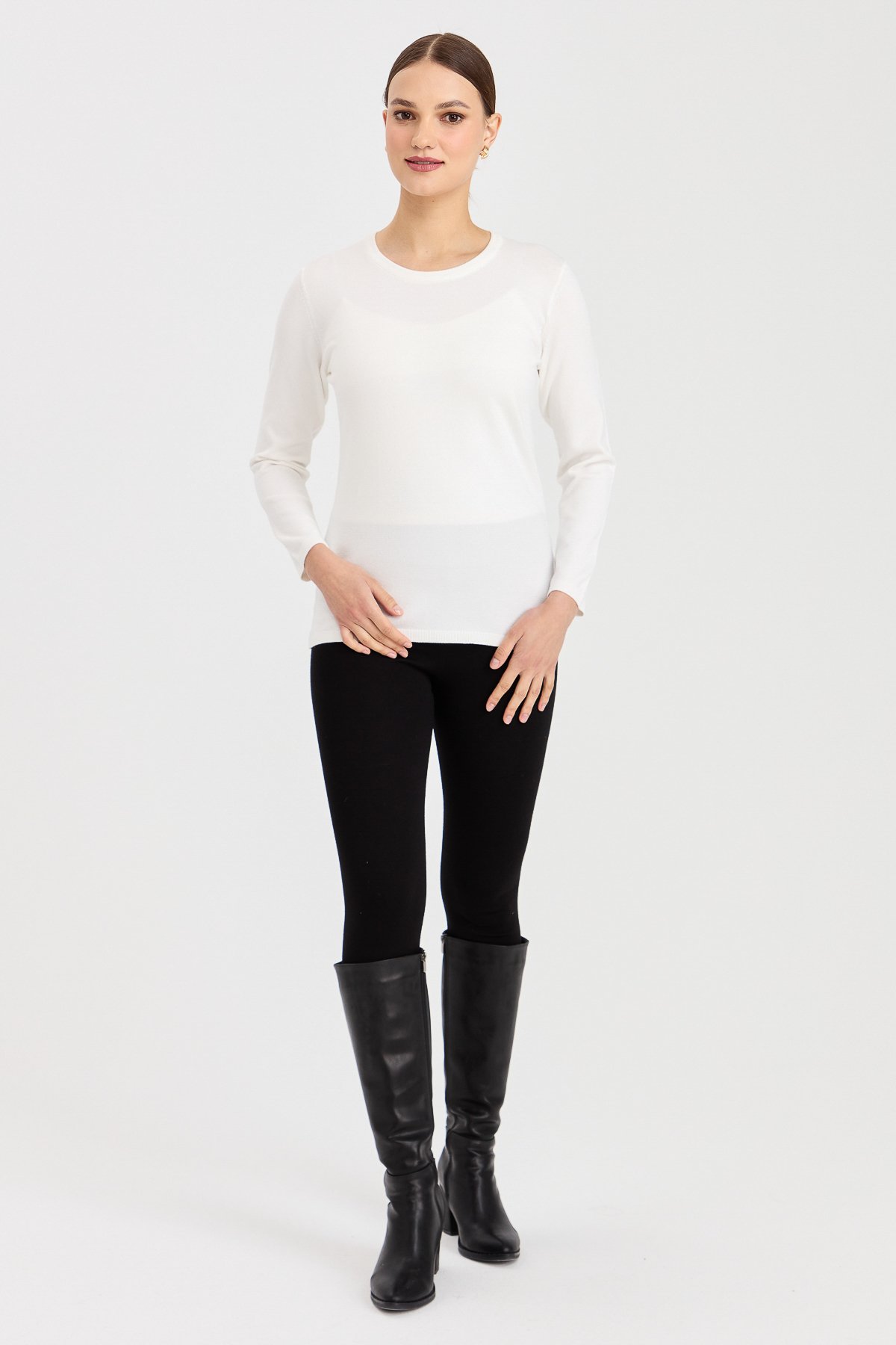 20015Kadın Likralı Uzun Kol Basic Sıfır Yaka Bluz Kemik