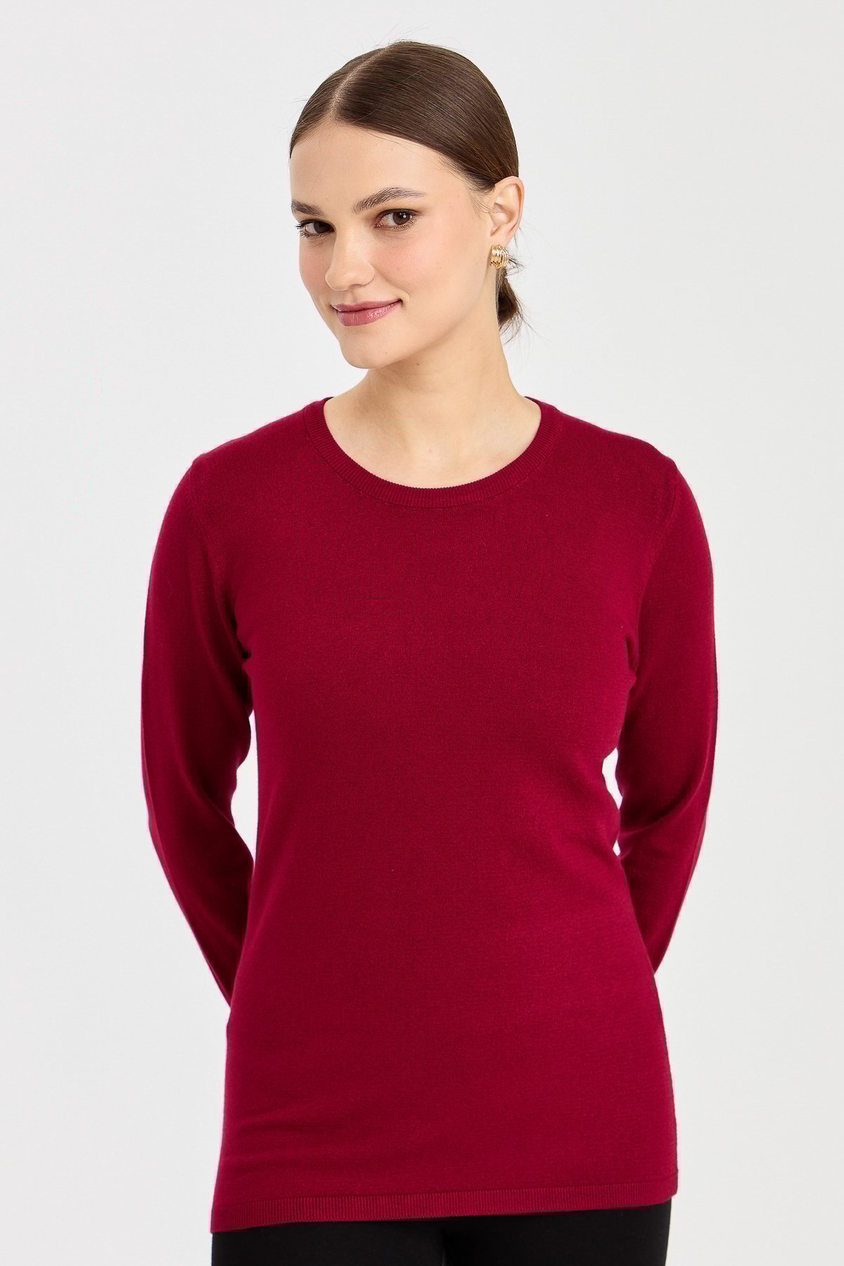 20015Kadın Likralı Uzun Kol Basic Sıfır Yaka Bluz Vişne