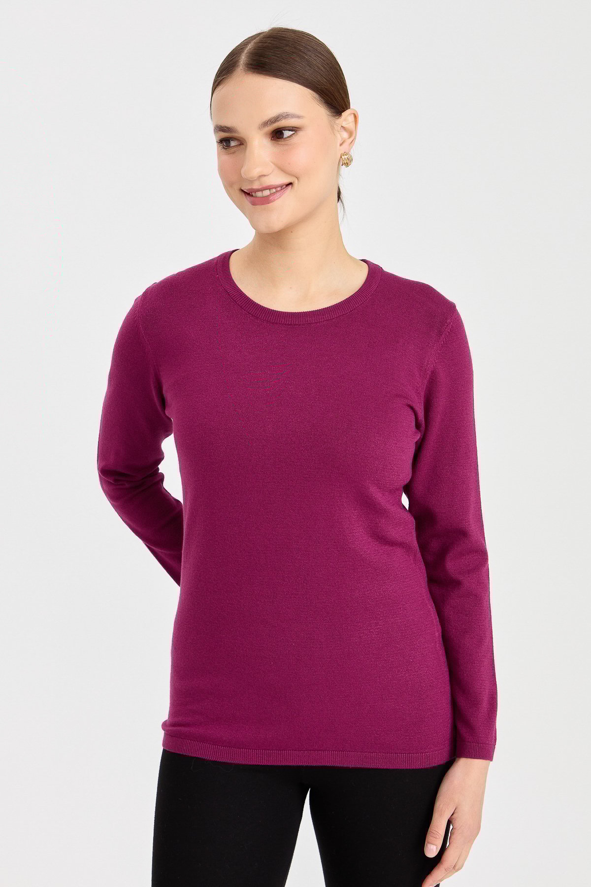 20015Kadın Likralı Uzun Kol Basic Sıfır Yaka Bluz Mürdüm