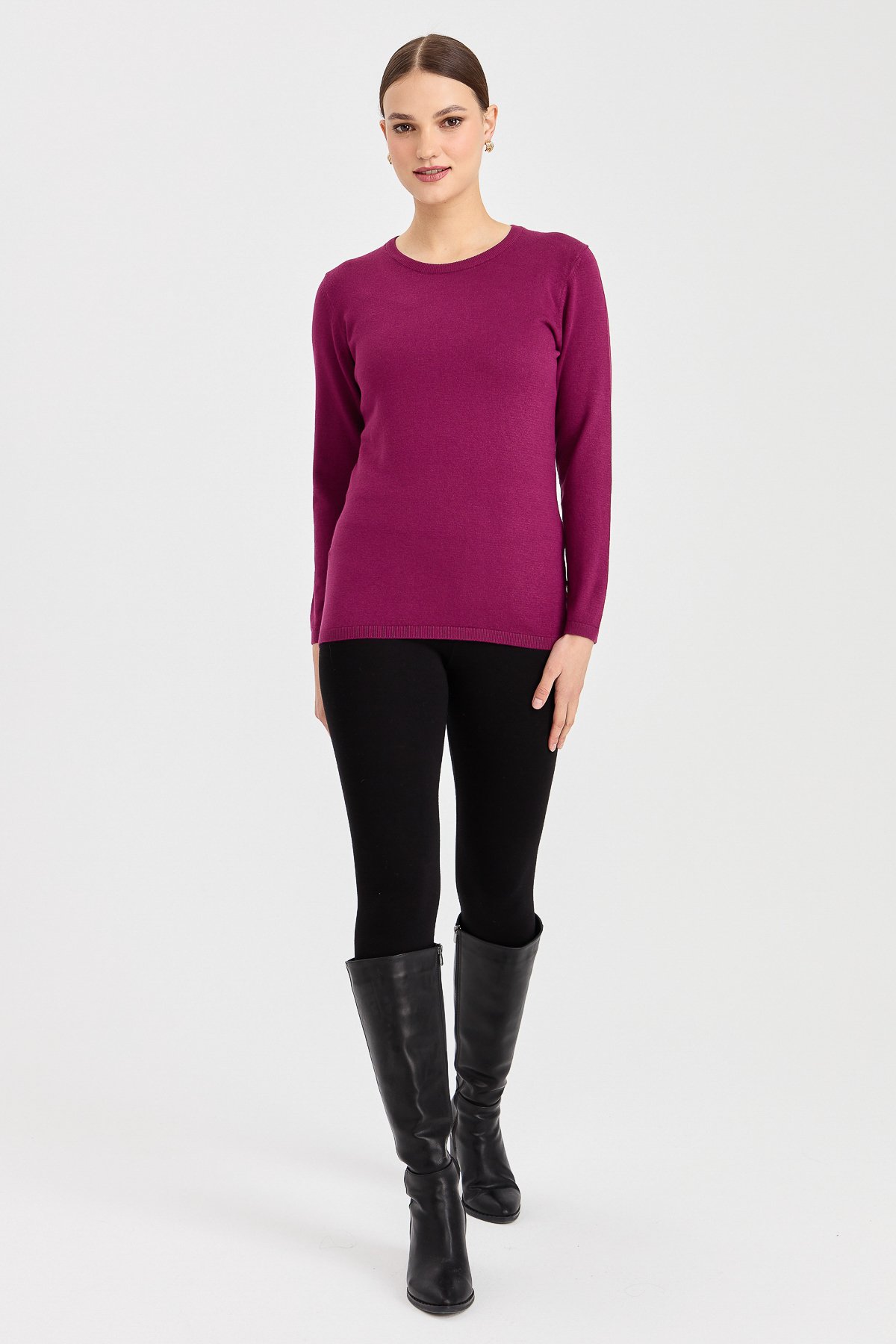 20015Kadın Likralı Uzun Kol Basic Sıfır Yaka Bluz Mürdüm