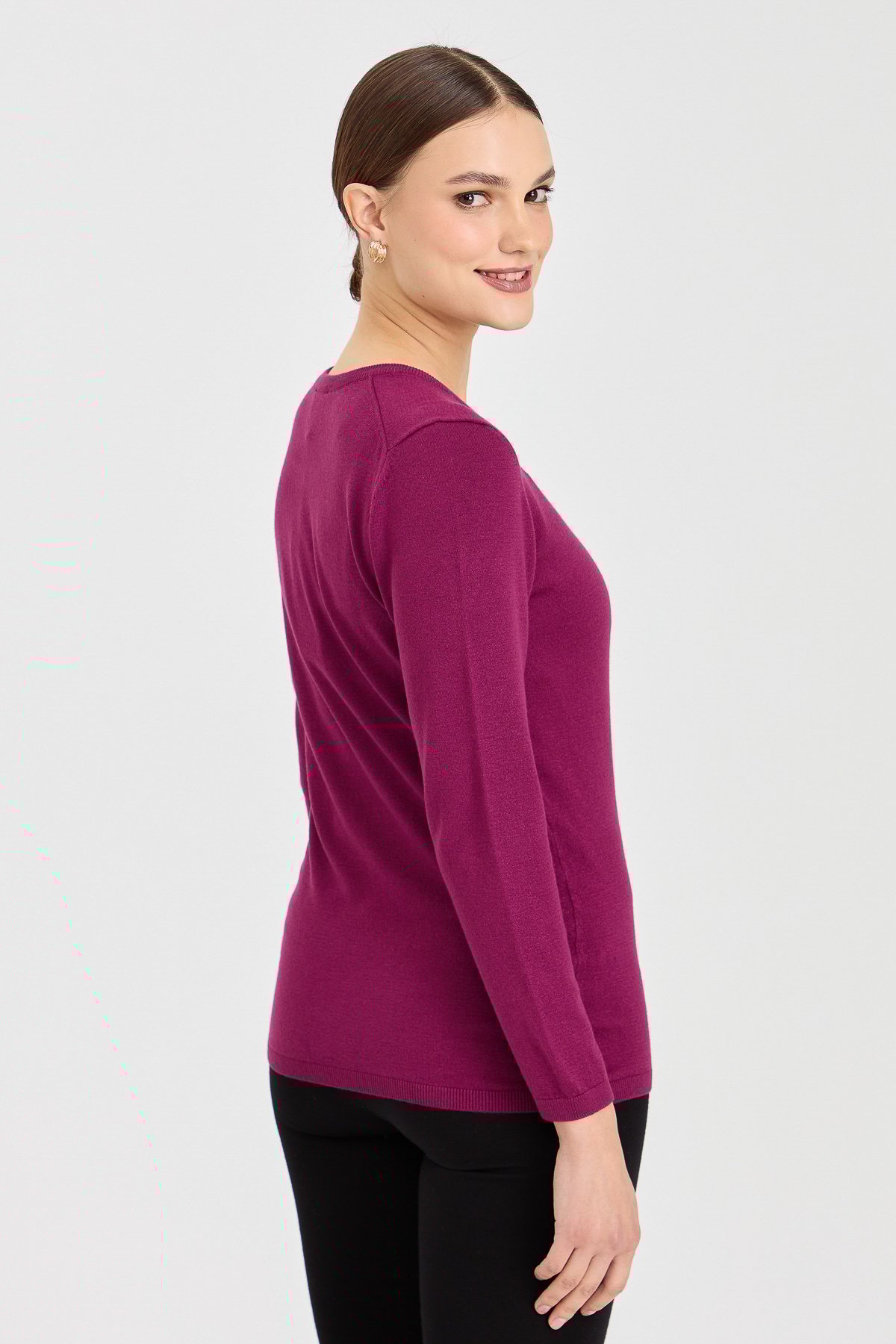 20015Kadın Likralı Uzun Kol Basic Sıfır Yaka Bluz Mürdüm