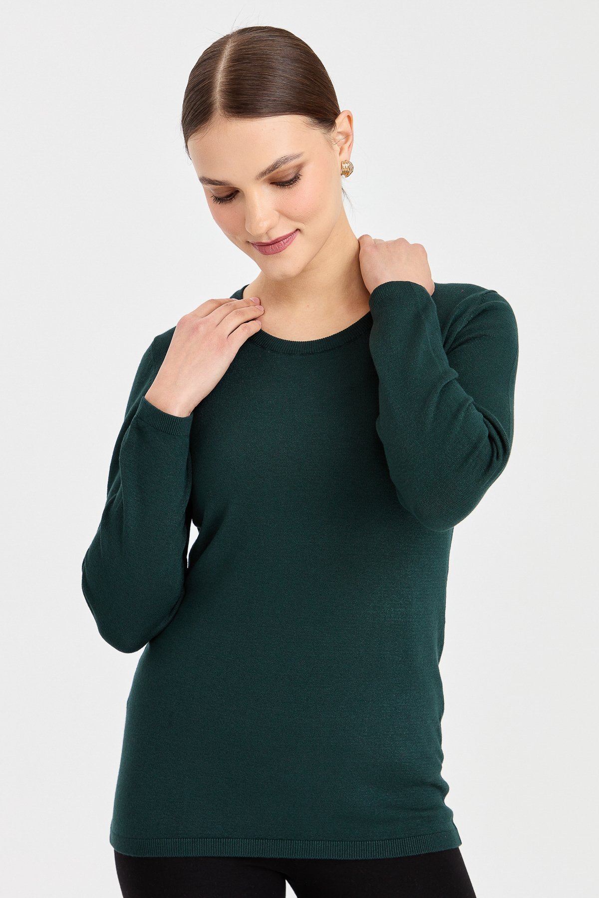 20015Kadın Likralı Uzun Kol Basic Sıfır Yaka Bluz Nefti