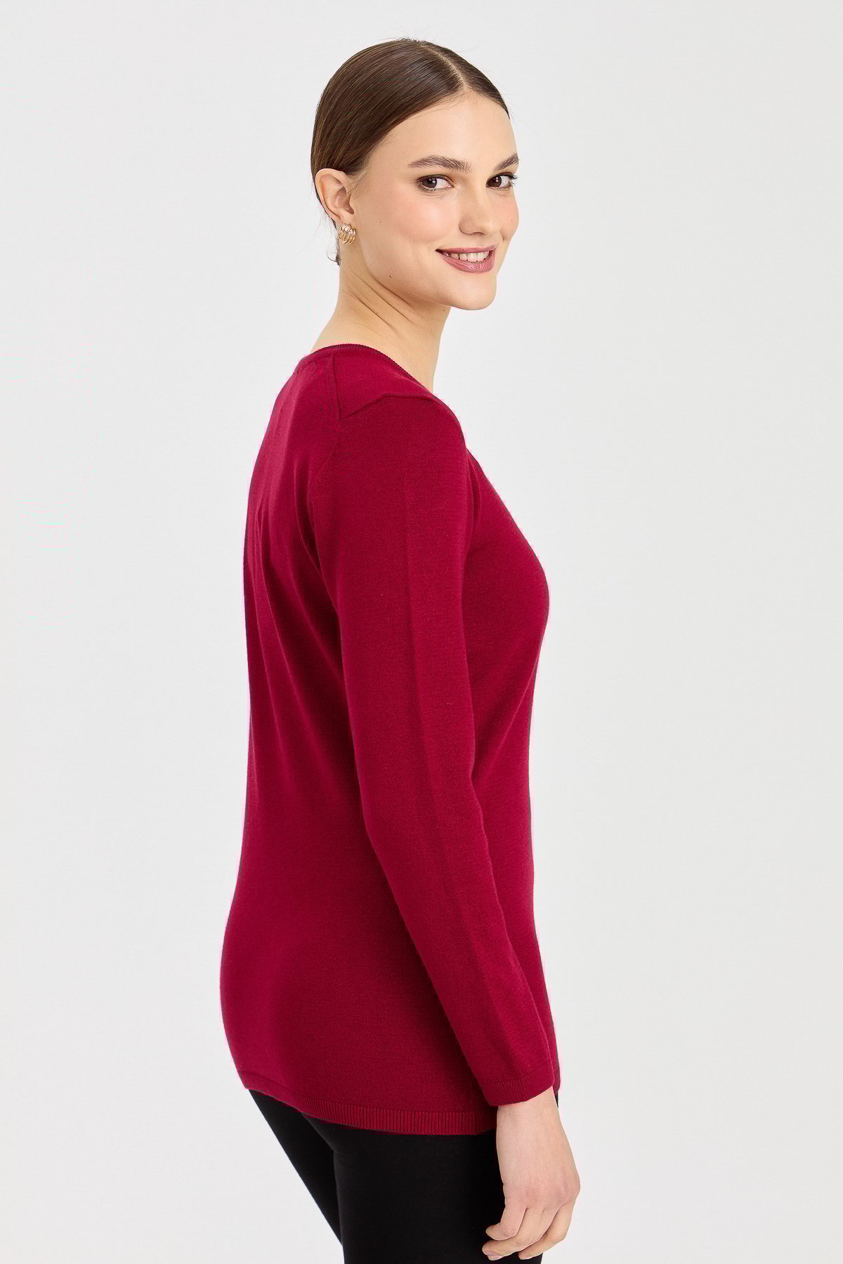 20015Kadın Likralı Uzun Kol Basic Sıfır Yaka Bluz Vişne