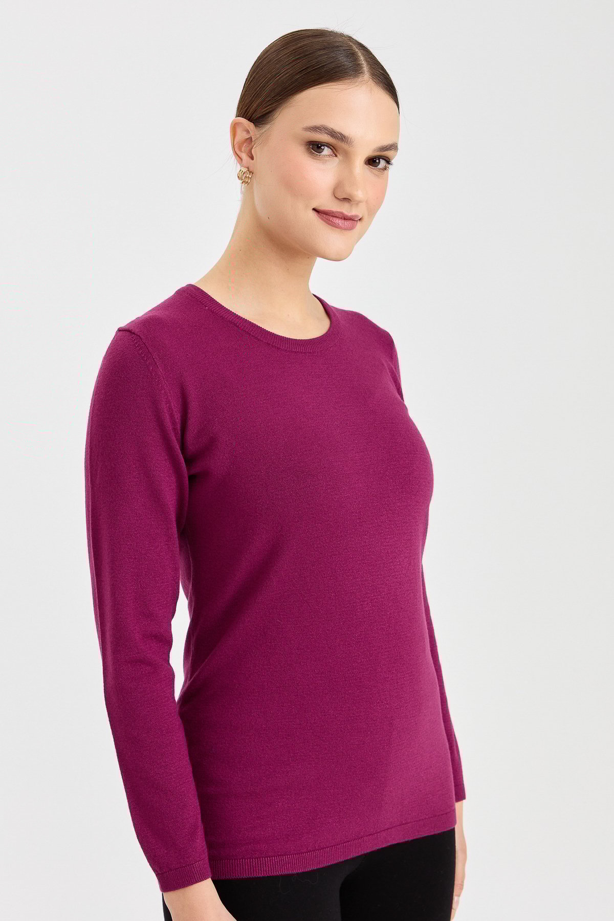 20015Kadın Likralı Uzun Kol Basic Sıfır Yaka Bluz Mürdüm