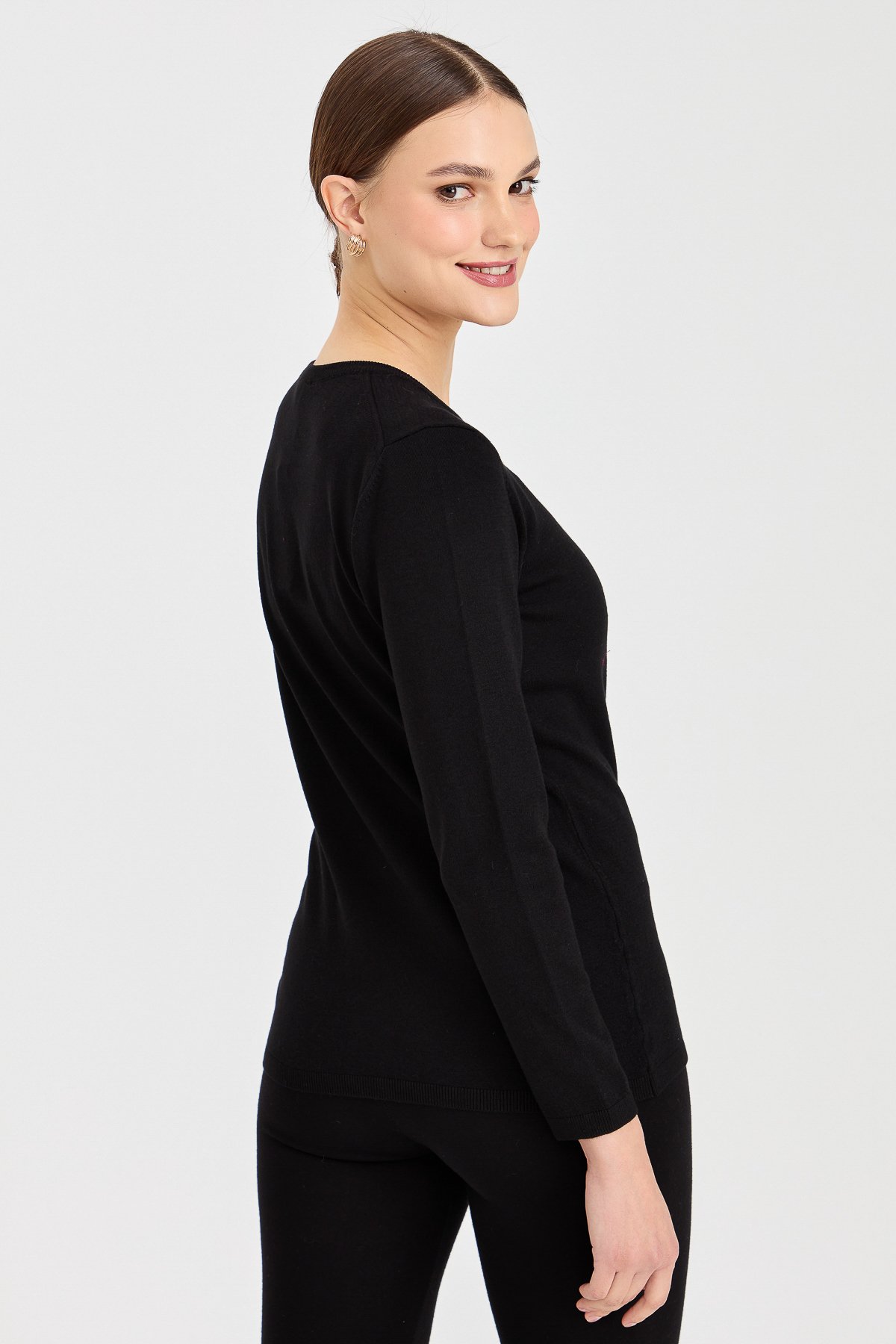 20015Kadın Likralı Uzun Kol Basic Sıfır Yaka Bluz Siyah